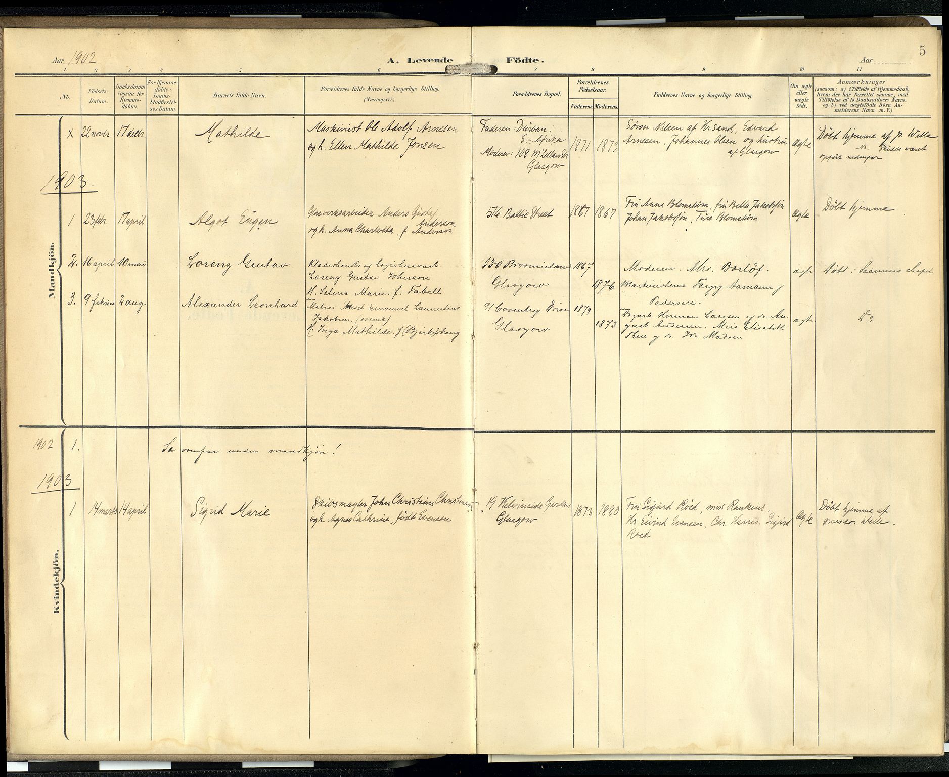 Den norske sjømannsmisjon i utlandet/Skotske havner (Leith, Glasgow), SAB/SAB/PA-0100/H/Ha/Hab/L0001: Parish register (official) no. A 1, 1902-1931, p. 4b-5a