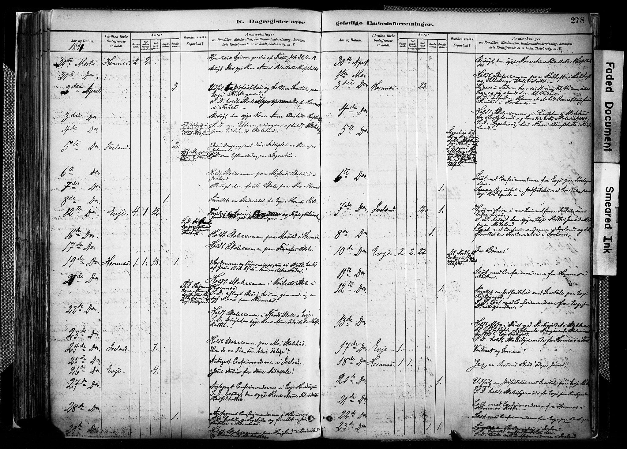 Evje sokneprestkontor, AV/SAK-1111-0008/F/Fa/Faa/L0007: Parish register (official) no. A 7, 1884-1909, p. 278