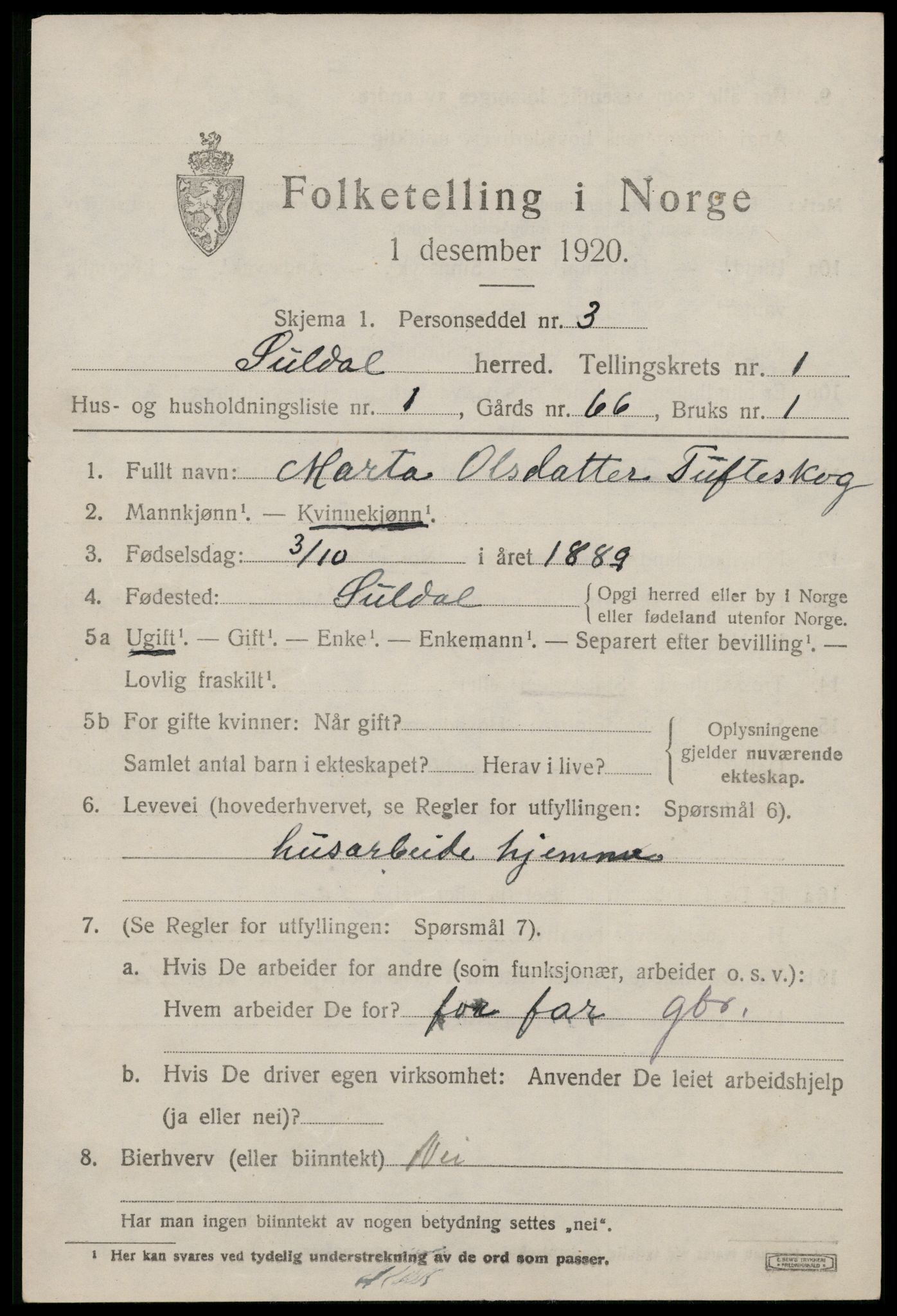 SAST, 1920 census for Suldal, 1920, p. 698