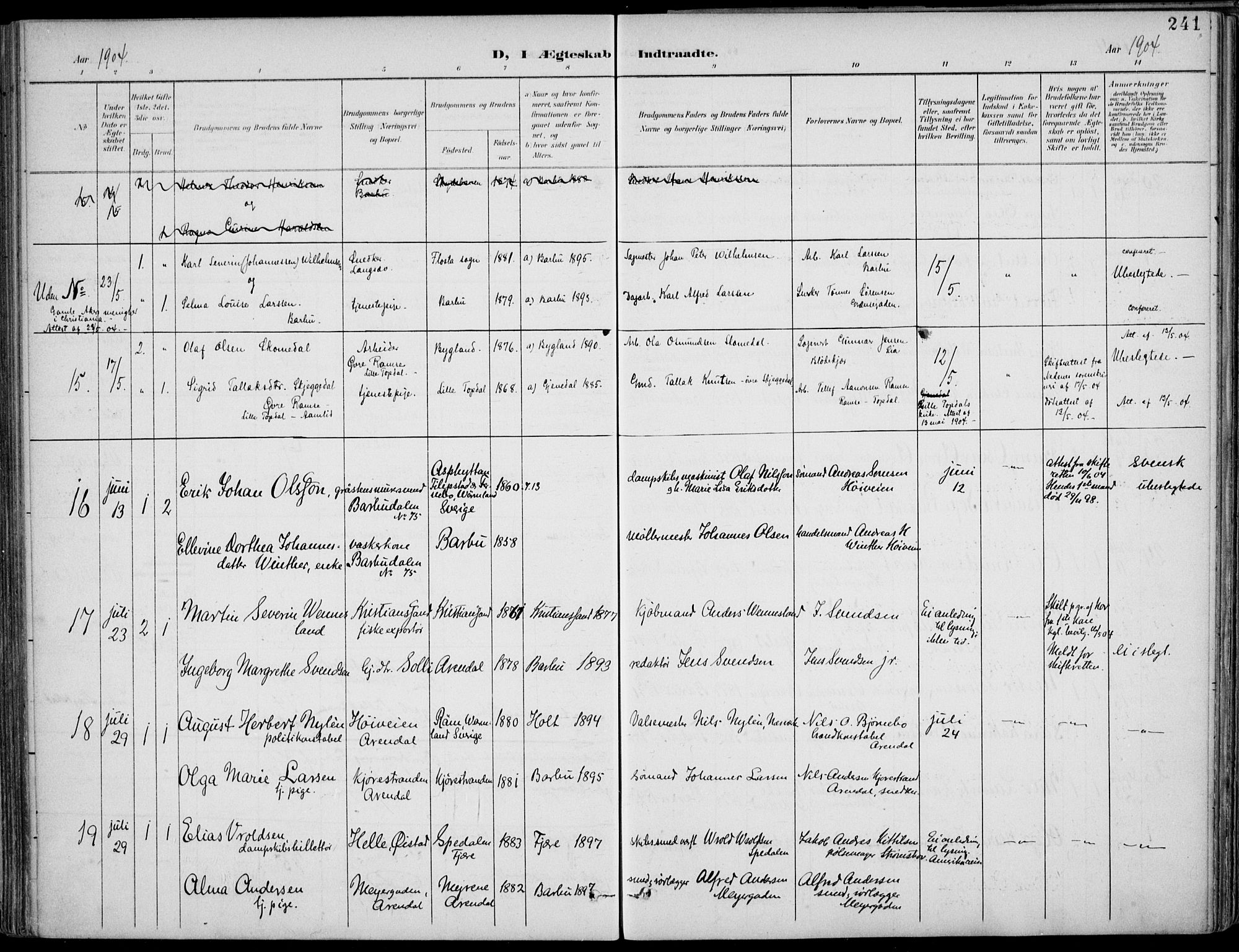 Barbu sokneprestkontor, SAK/1111-0003/F/Fa/L0005: Parish register (official) no. A 5, 1899-1909, p. 241