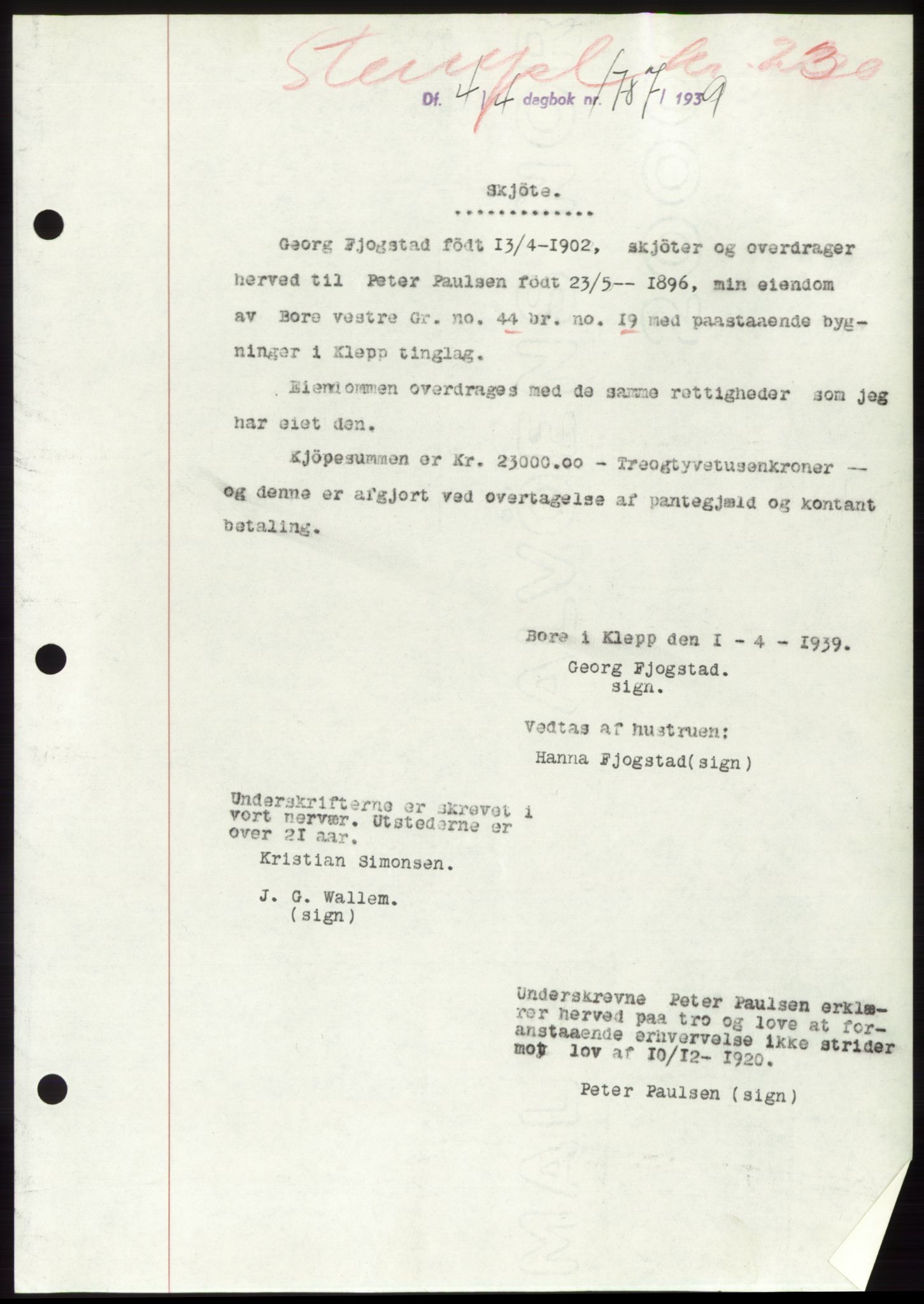 Jæren sorenskriveri, SAST/A-100310/03/G/Gba/L0074: Mortgage book, 1939-1939, Diary no: : 1787/1939