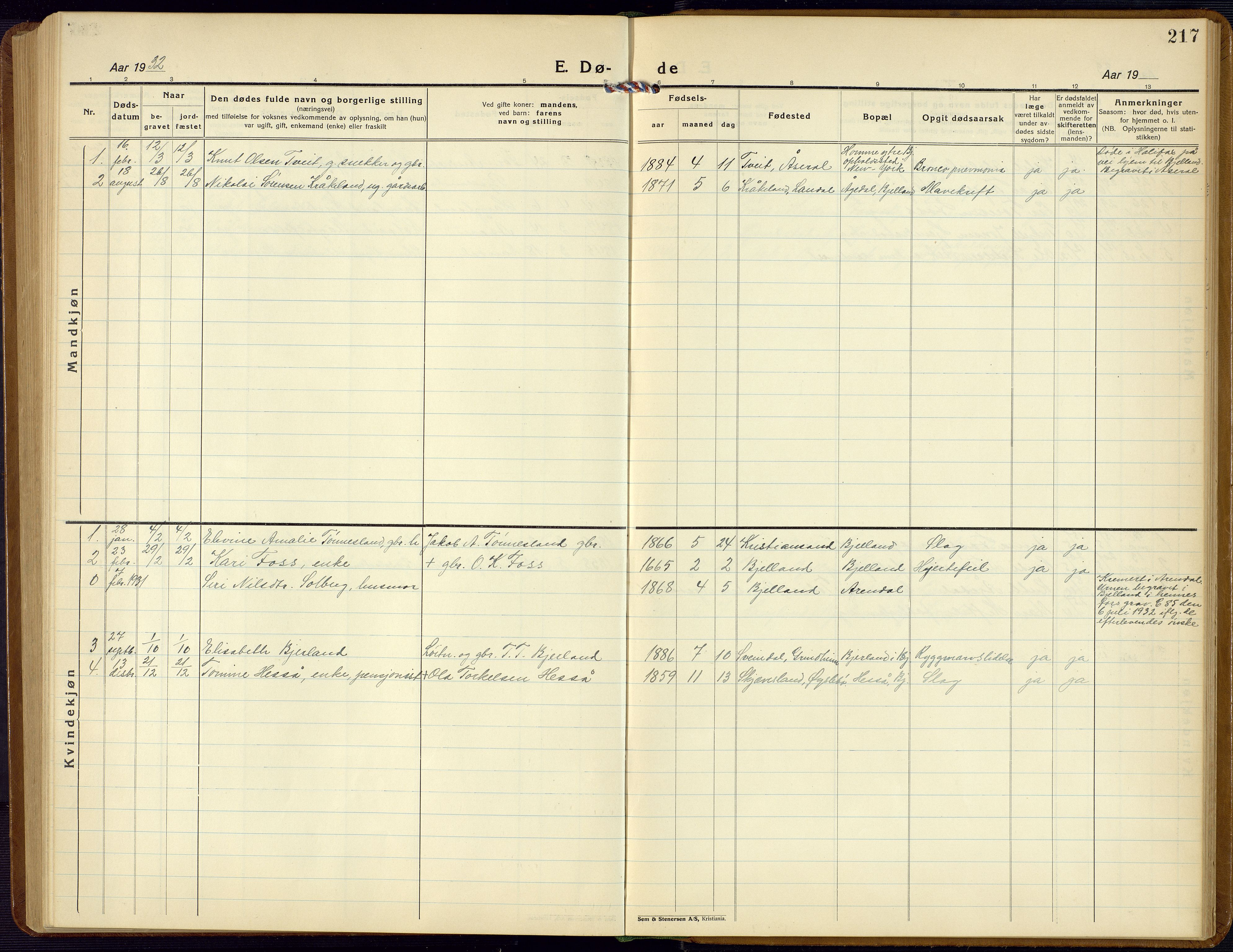 Bjelland sokneprestkontor, SAK/1111-0005/F/Fb/Fba/L0006: Parish register (copy) no. B 6, 1923-1956, p. 217