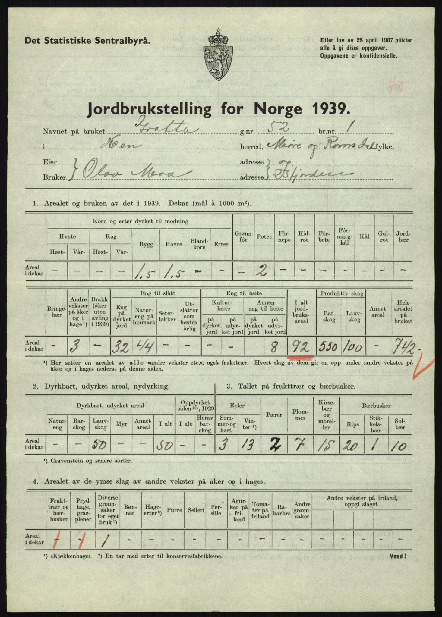 Statistisk sentralbyrå, Næringsøkonomiske emner, Jordbruk, skogbruk, jakt, fiske og fangst, AV/RA-S-2234/G/Gb/L0251: Møre og Romsdal: Voll, Eid, Grytten og Hen, 1939, p. 1369