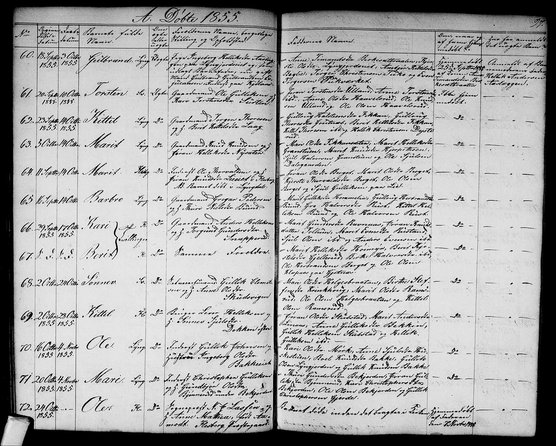 Flesberg kirkebøker, SAKO/A-18/G/Ga/L0002: Parish register (copy) no. I 2, 1834-1860, p. 97