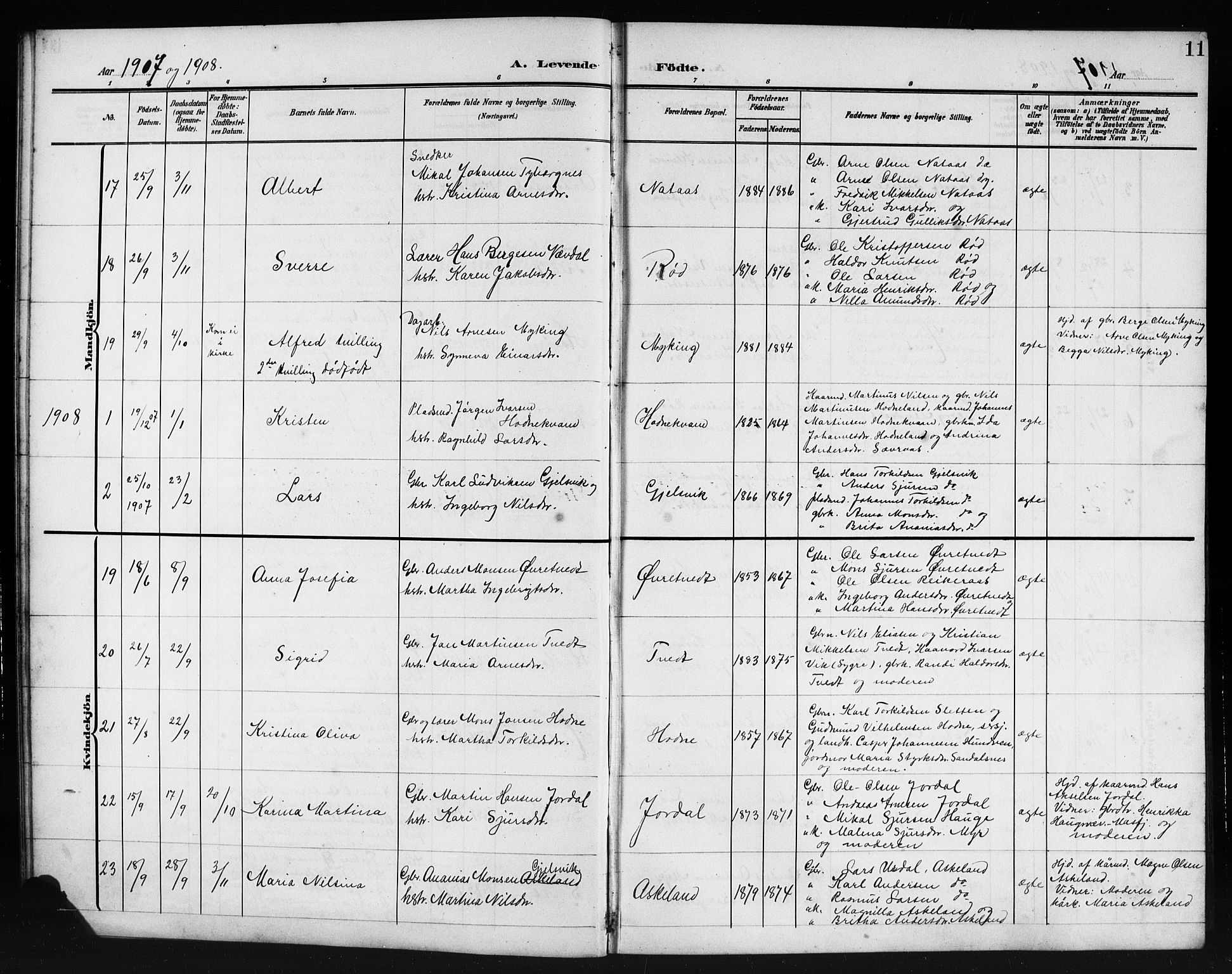 Lindås Sokneprestembete, AV/SAB-A-76701/H/Hab/Habe/L0004: Parish register (copy) no. E 4, 1906-1921, p. 11