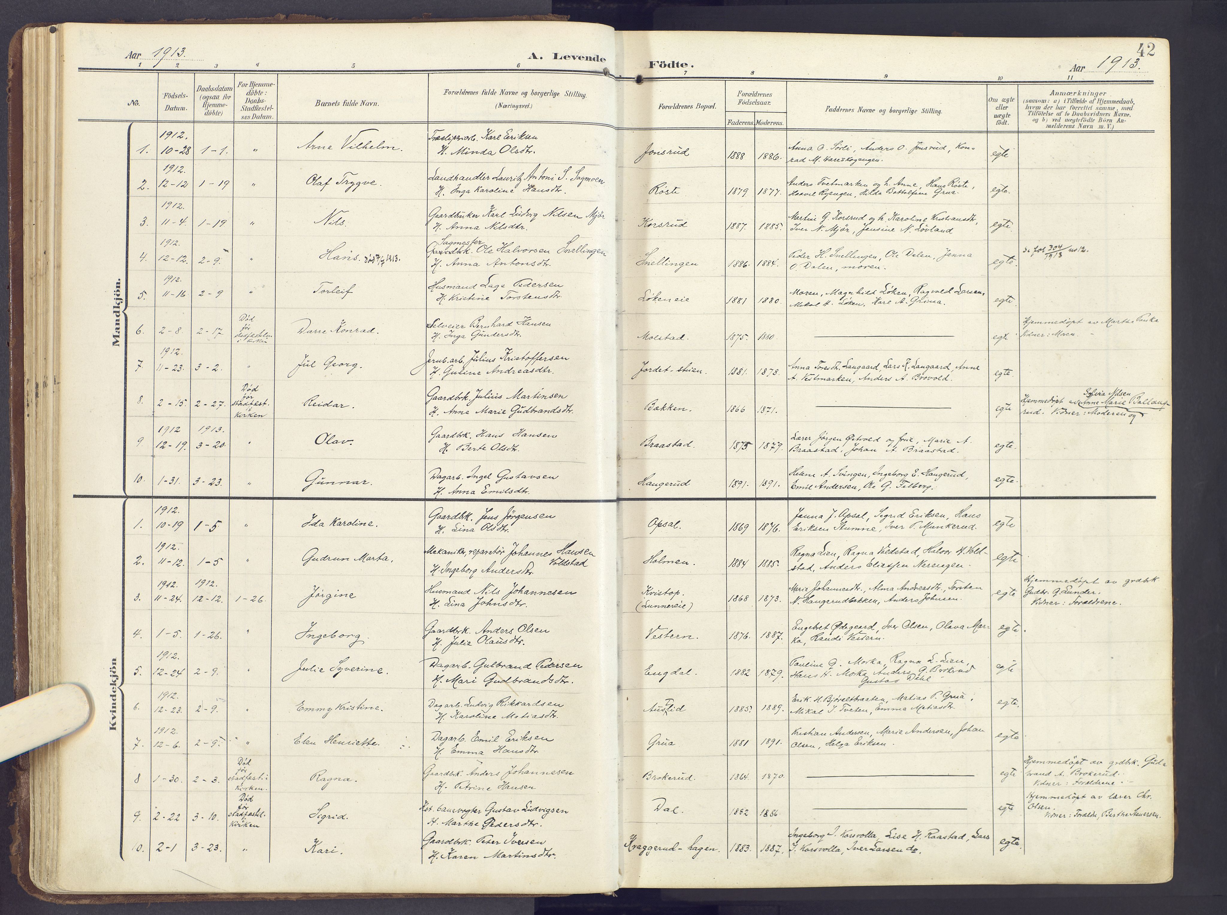 Lunner prestekontor, SAH/PREST-118/H/Ha/Haa/L0001: Parish register (official) no. 1, 1907-1922, p. 42