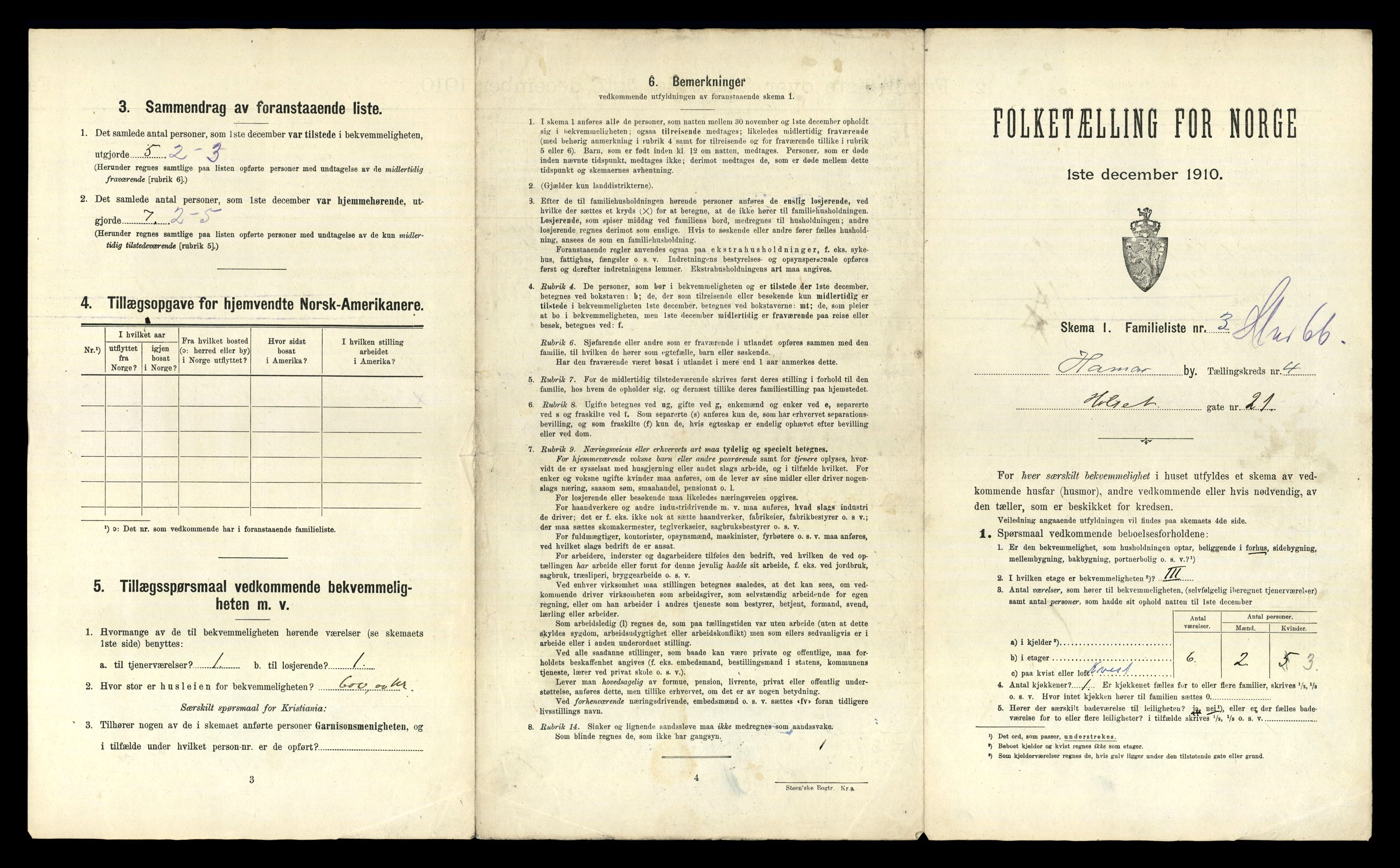 RA, 1910 census for Hamar, 1910, p. 2383