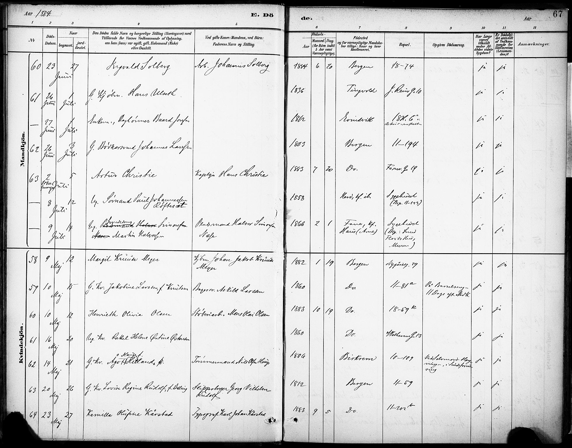 Domkirken sokneprestembete, AV/SAB-A-74801/H/Haa/L0043: Parish register (official) no. E 5, 1882-1904, p. 67