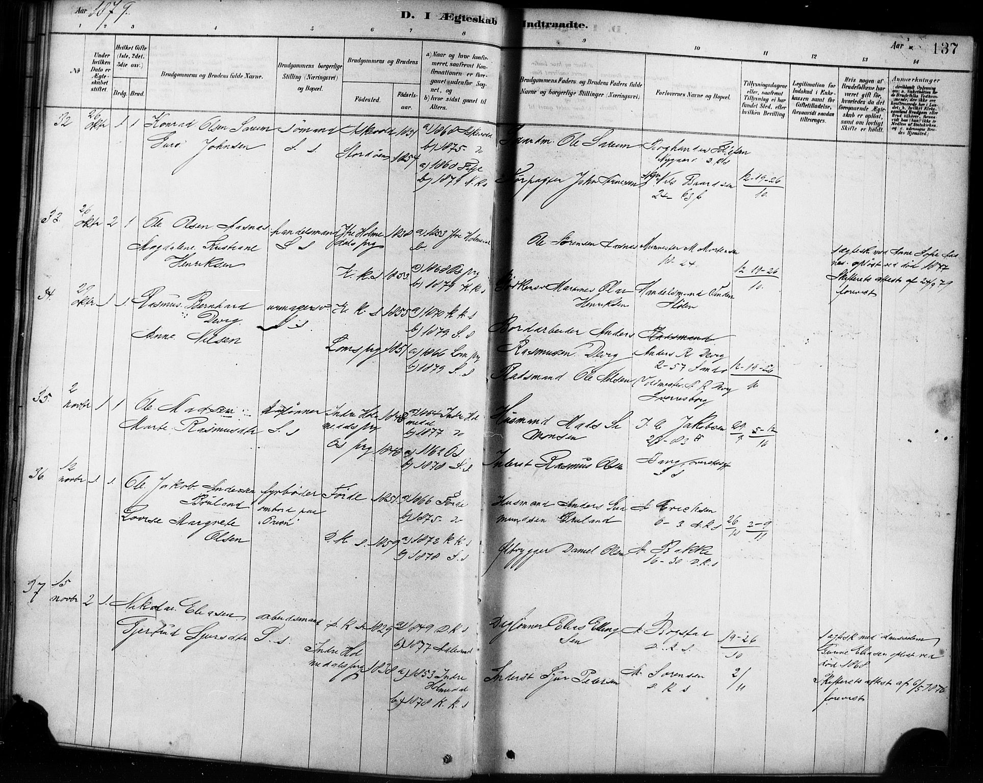 Sandviken Sokneprestembete, SAB/A-77601/H/Ha/L0002: Parish register (official) no. A 2, 1878-1896, p. 137