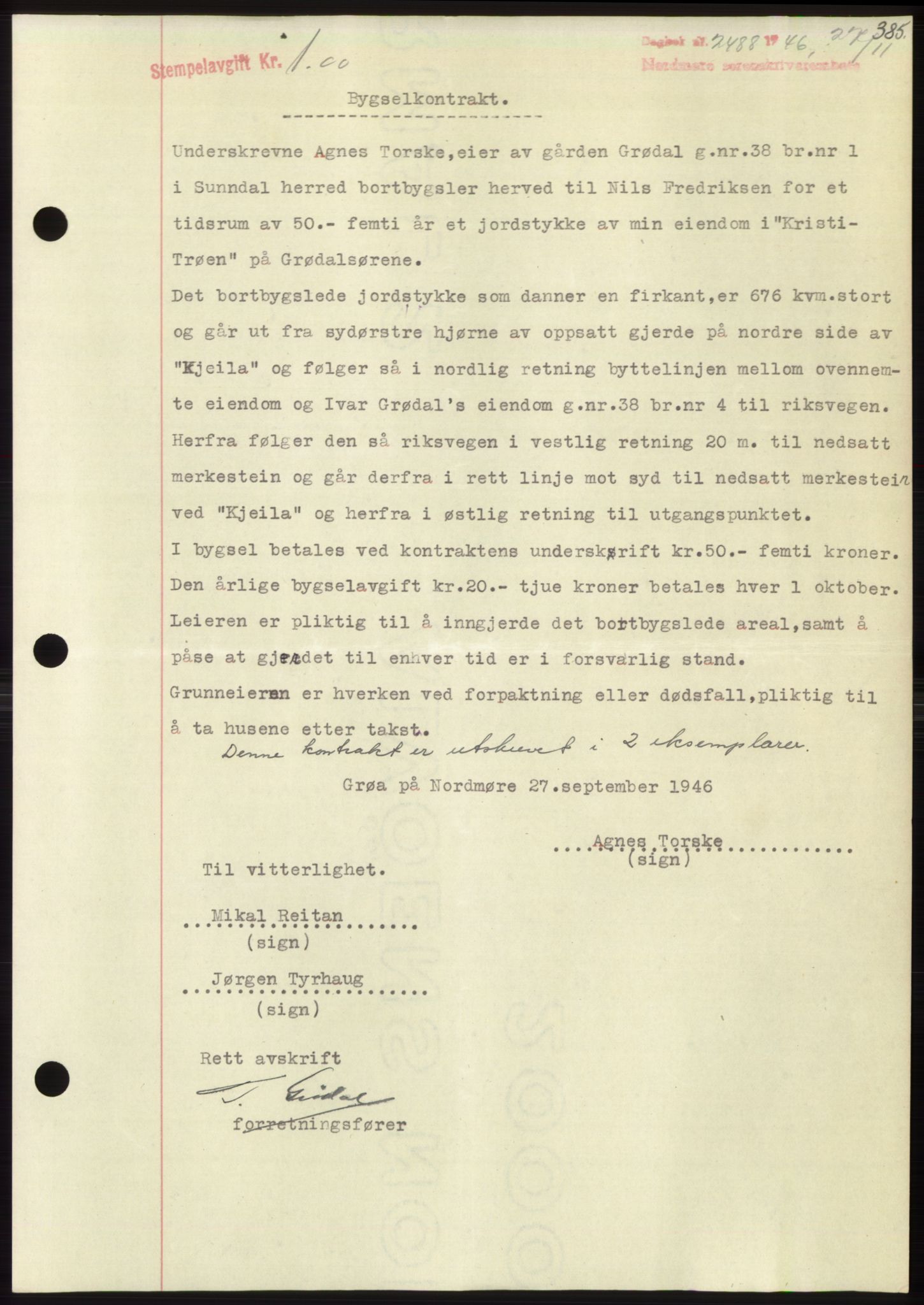 Nordmøre sorenskriveri, AV/SAT-A-4132/1/2/2Ca: Mortgage book no. B95, 1946-1947, Diary no: : 2488/1946