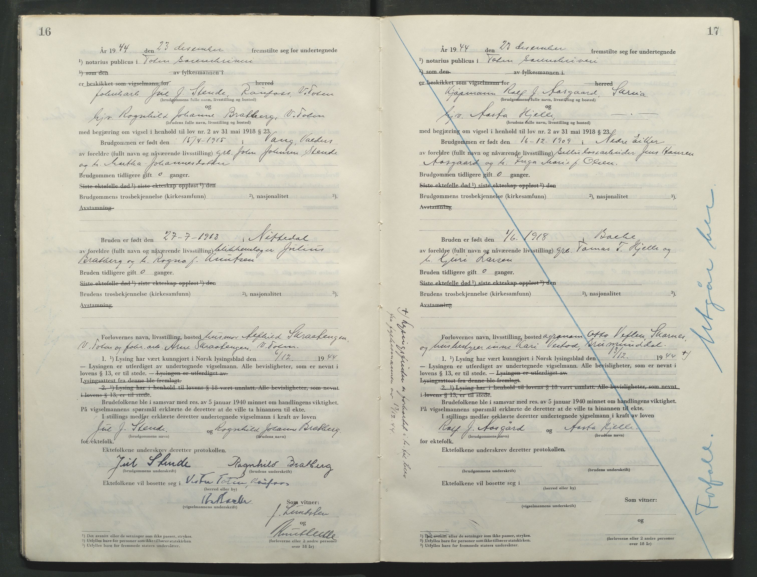 Toten tingrett, AV/SAH-TING-006/L/Lc/L0005: Vigselbok, 1944-1948, p. 16-17