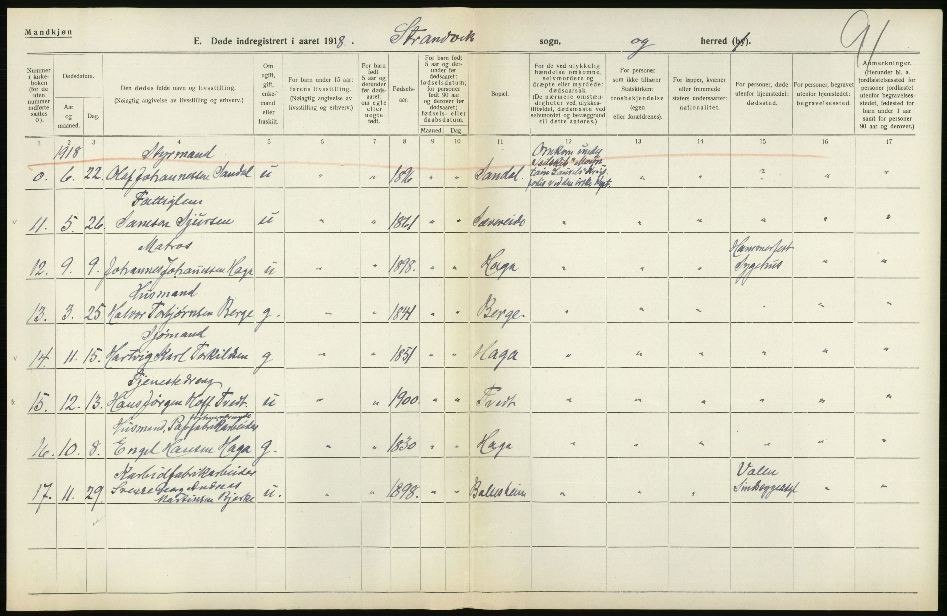 Statistisk sentralbyrå, Sosiodemografiske emner, Befolkning, AV/RA-S-2228/D/Df/Dfb/Dfbh/L0036: Hordaland fylke: Døde., 1918, p. 124