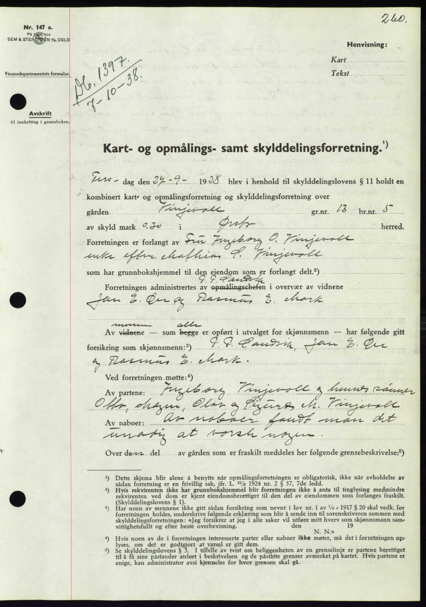 Søre Sunnmøre sorenskriveri, AV/SAT-A-4122/1/2/2C/L0066: Mortgage book no. 60, 1938-1938, Diary no: : 1397/1938