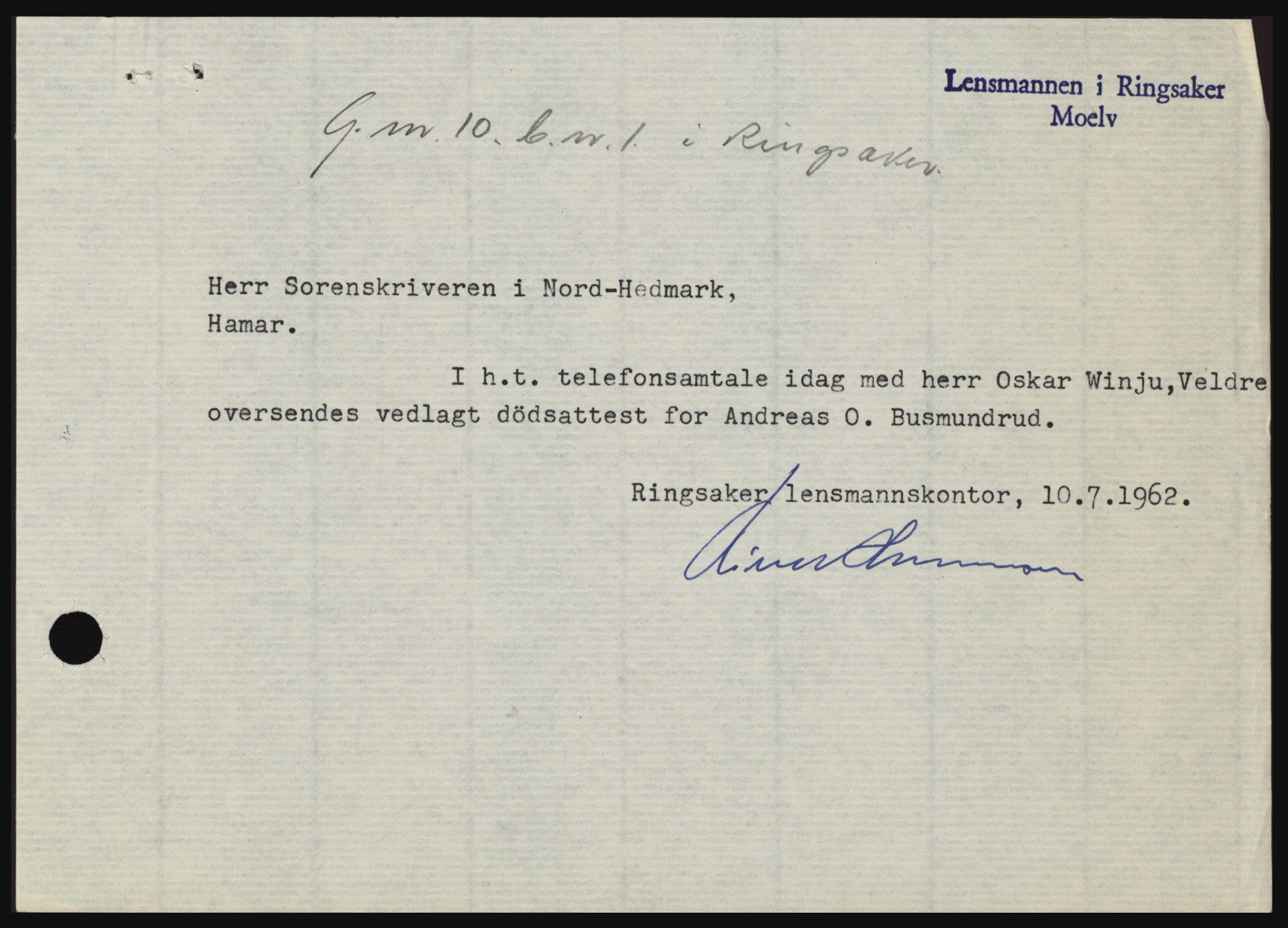 Nord-Hedmark sorenskriveri, SAH/TING-012/H/Hc/L0016: Mortgage book no. 16, 1962-1962, Diary no: : 2622/1962