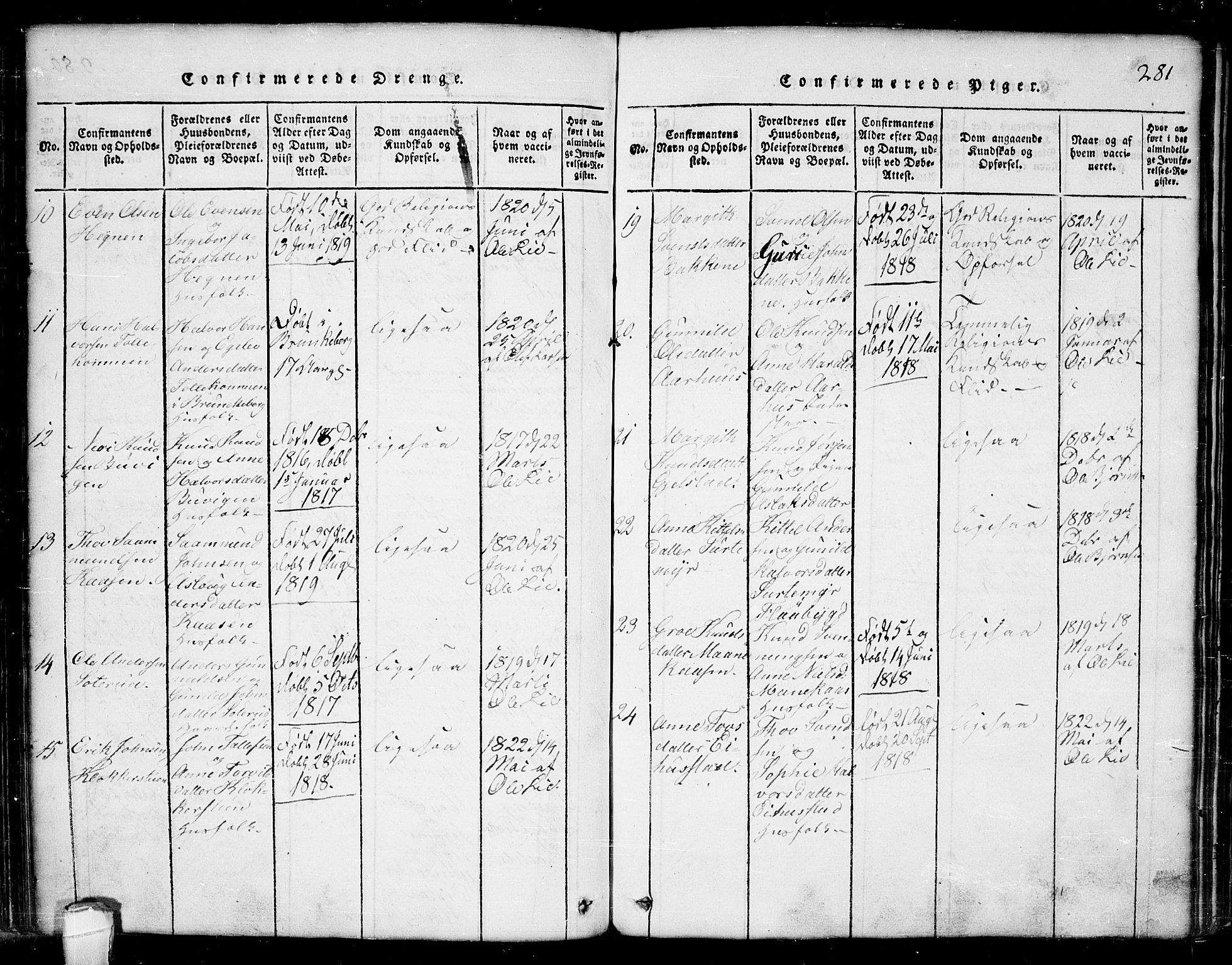 Seljord kirkebøker, AV/SAKO-A-20/G/Ga/L0001: Parish register (copy) no. I 1, 1815-1854, p. 281