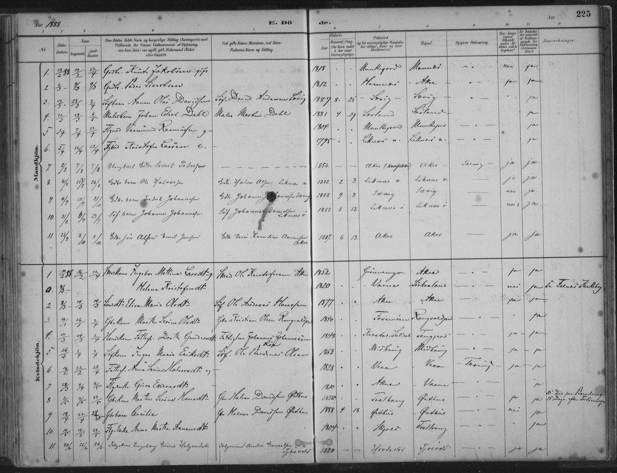 Kopervik sokneprestkontor, SAST/A-101850/H/Ha/Haa/L0004: Parish register (official) no. A 4, 1882-1905, p. 225