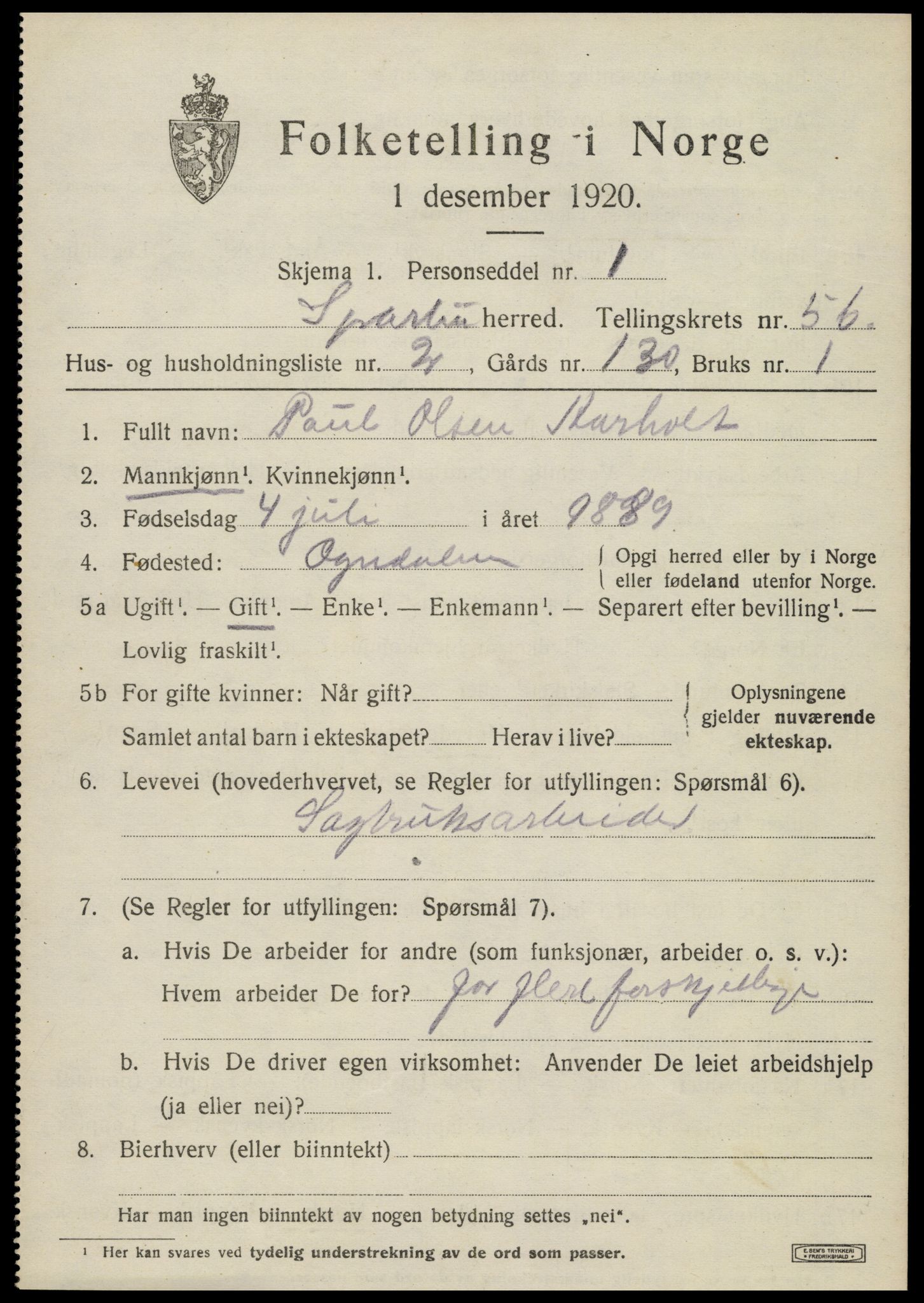 SAT, 1920 census for Sparbu, 1920, p. 6843