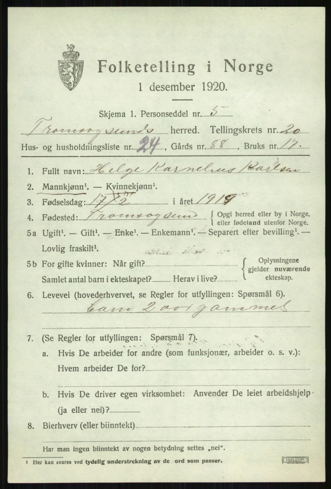 SATØ, 1920 census for Tromsøysund, 1920, p. 10910