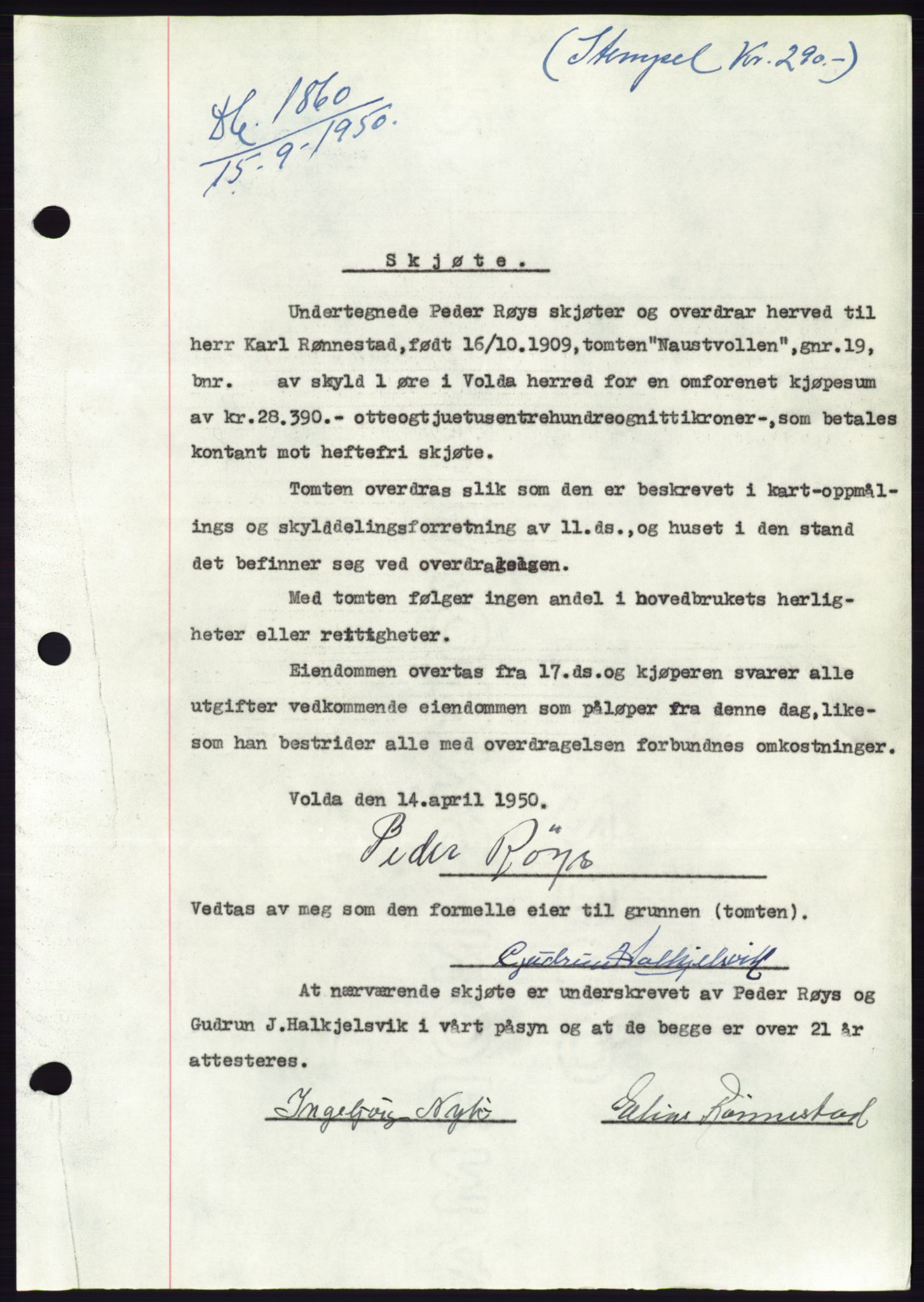 Søre Sunnmøre sorenskriveri, AV/SAT-A-4122/1/2/2C/L0087: Mortgage book no. 13A, 1950-1950, Diary no: : 1860/1950