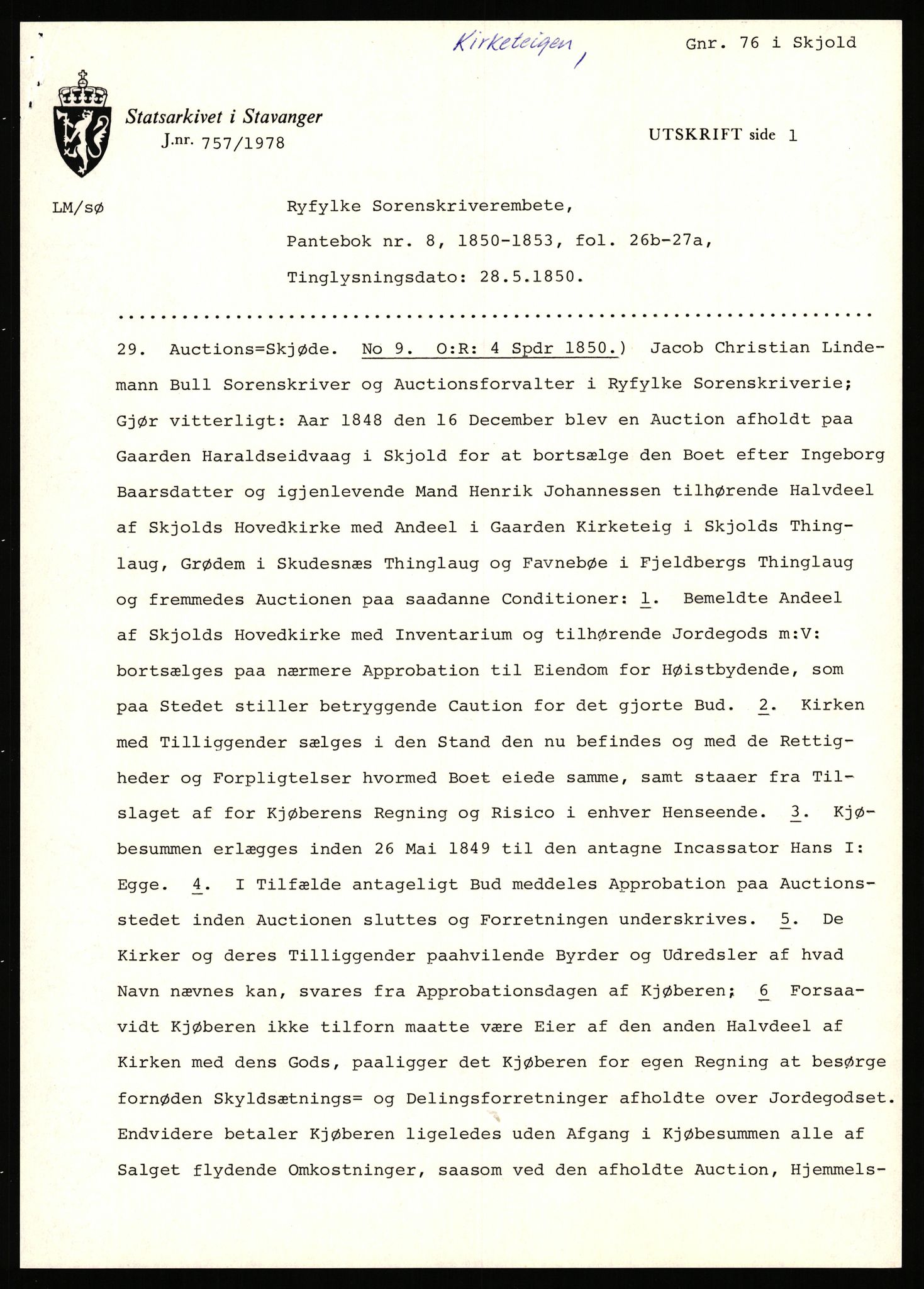 Statsarkivet i Stavanger, AV/SAST-A-101971/03/Y/Yj/L0047: Avskrifter sortert etter gårdsnavn: Kirketeigen - Klovning, 1750-1930, p. 12