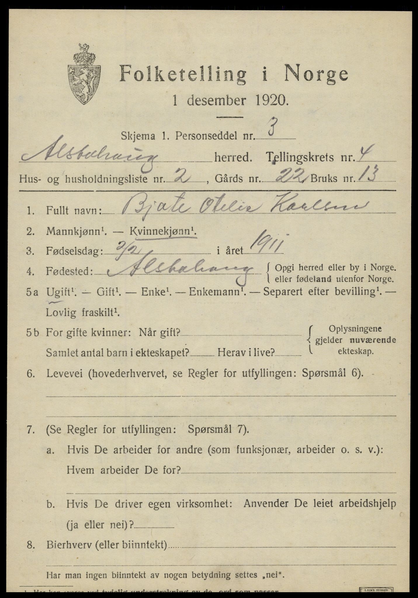 SAT, 1920 census for Alstahaug, 1920, p. 1909
