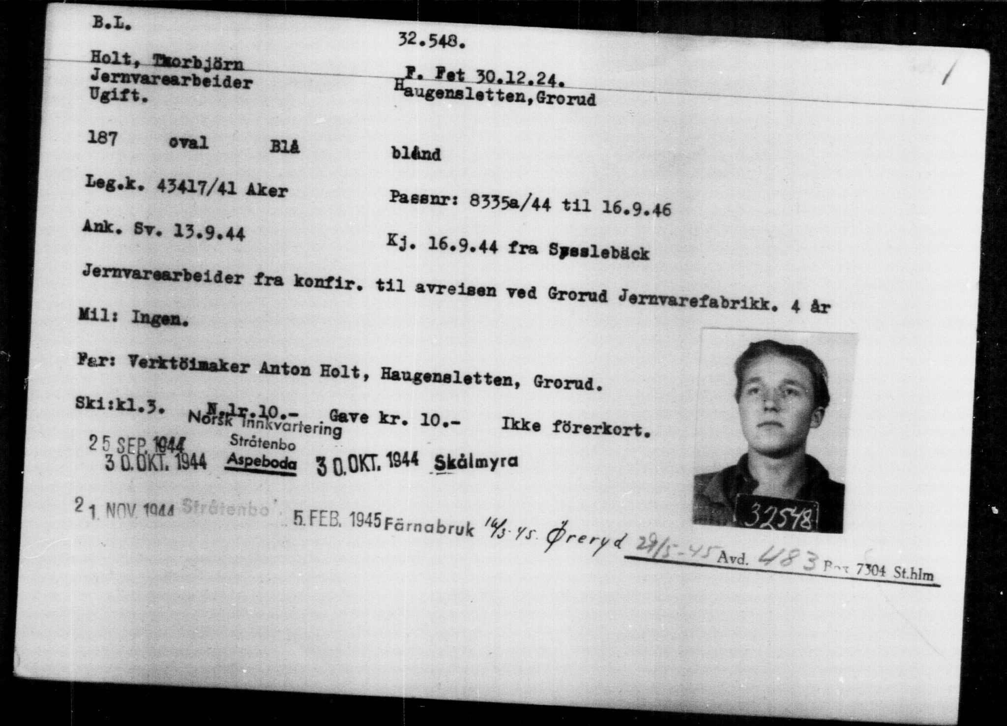 Utenriksstasjonene, Legasjonen i Stockholm, Flyktningkontoret, AV/RA-S-6753/V/Va/L0013: Kjesäterkartoteket, flyktninger med registreringsnr. 31500-34731, 1940-1945, p. 1104