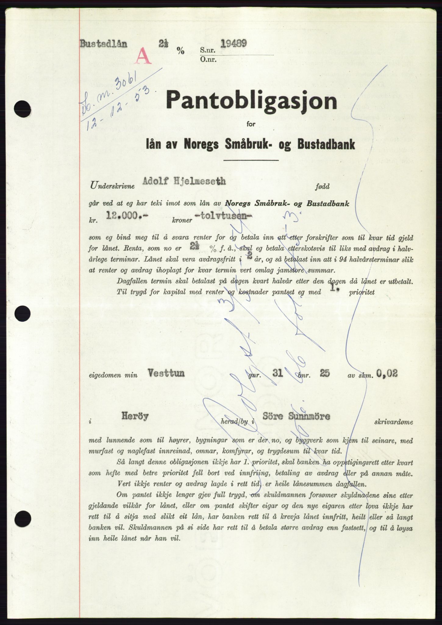 Søre Sunnmøre sorenskriveri, AV/SAT-A-4122/1/2/2C/L0124: Mortgage book no. 12B, 1953-1954, Diary no: : 3061/1953