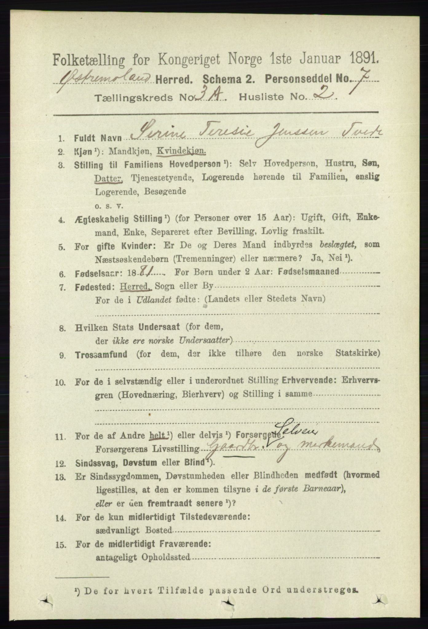 RA, 1891 census for 0918 Austre Moland, 1891, p. 1369