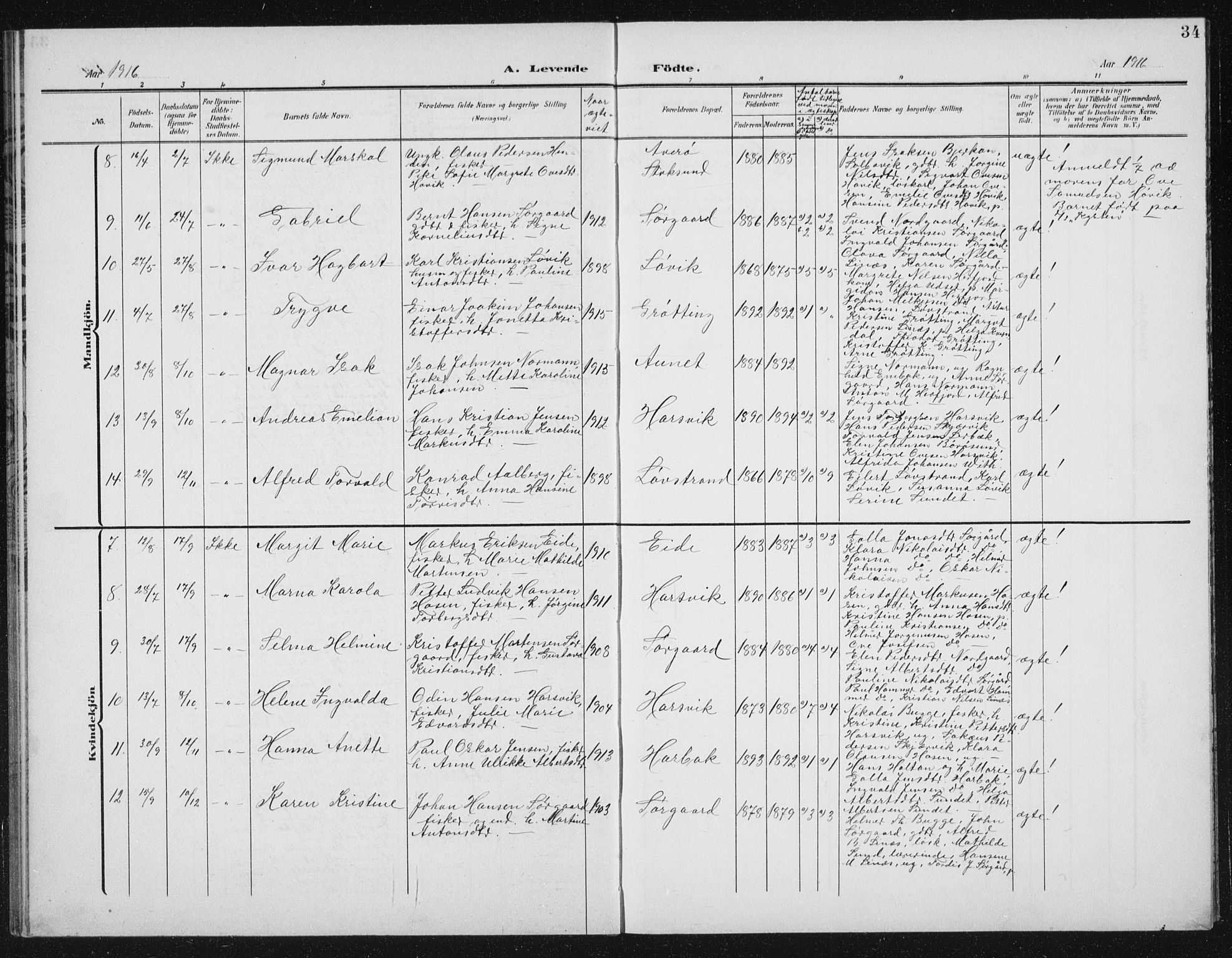 Ministerialprotokoller, klokkerbøker og fødselsregistre - Sør-Trøndelag, SAT/A-1456/656/L0699: Parish register (copy) no. 656C05, 1905-1920, p. 34
