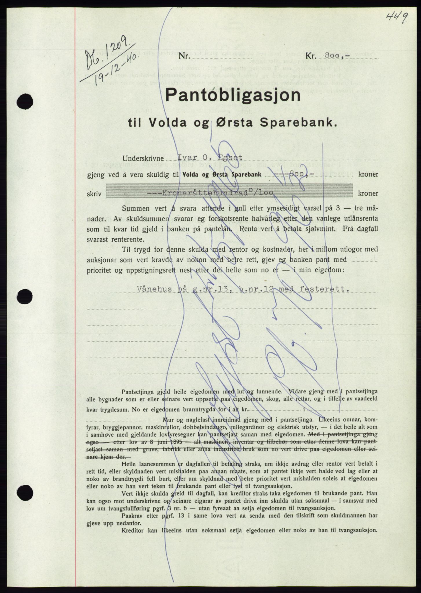 Søre Sunnmøre sorenskriveri, AV/SAT-A-4122/1/2/2C/L0070: Mortgage book no. 64, 1940-1941, Diary no: : 1209/1940