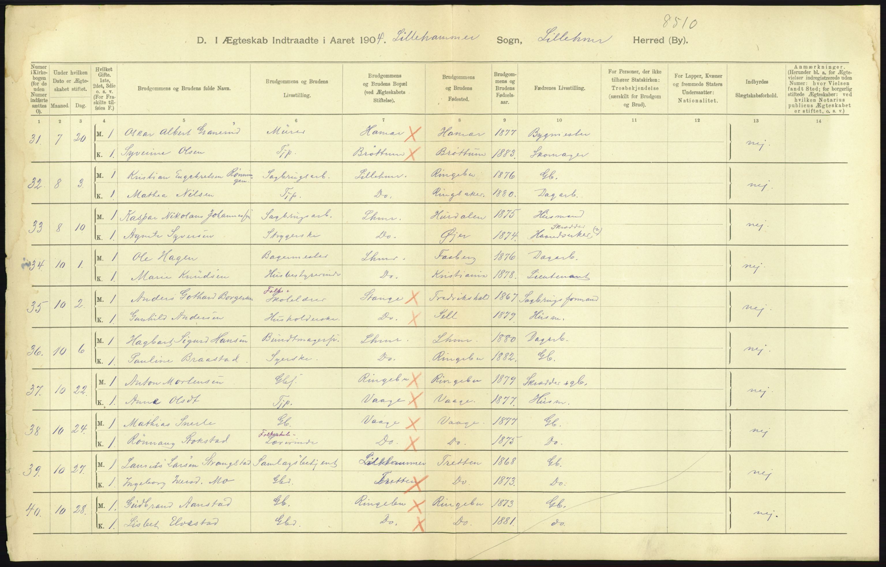 Statistisk sentralbyrå, Sosiodemografiske emner, Befolkning, AV/RA-S-2228/D/Df/Dfa/Dfab/L0006: Kristians amt: Fødte, gifte, døde, 1904, p. 837