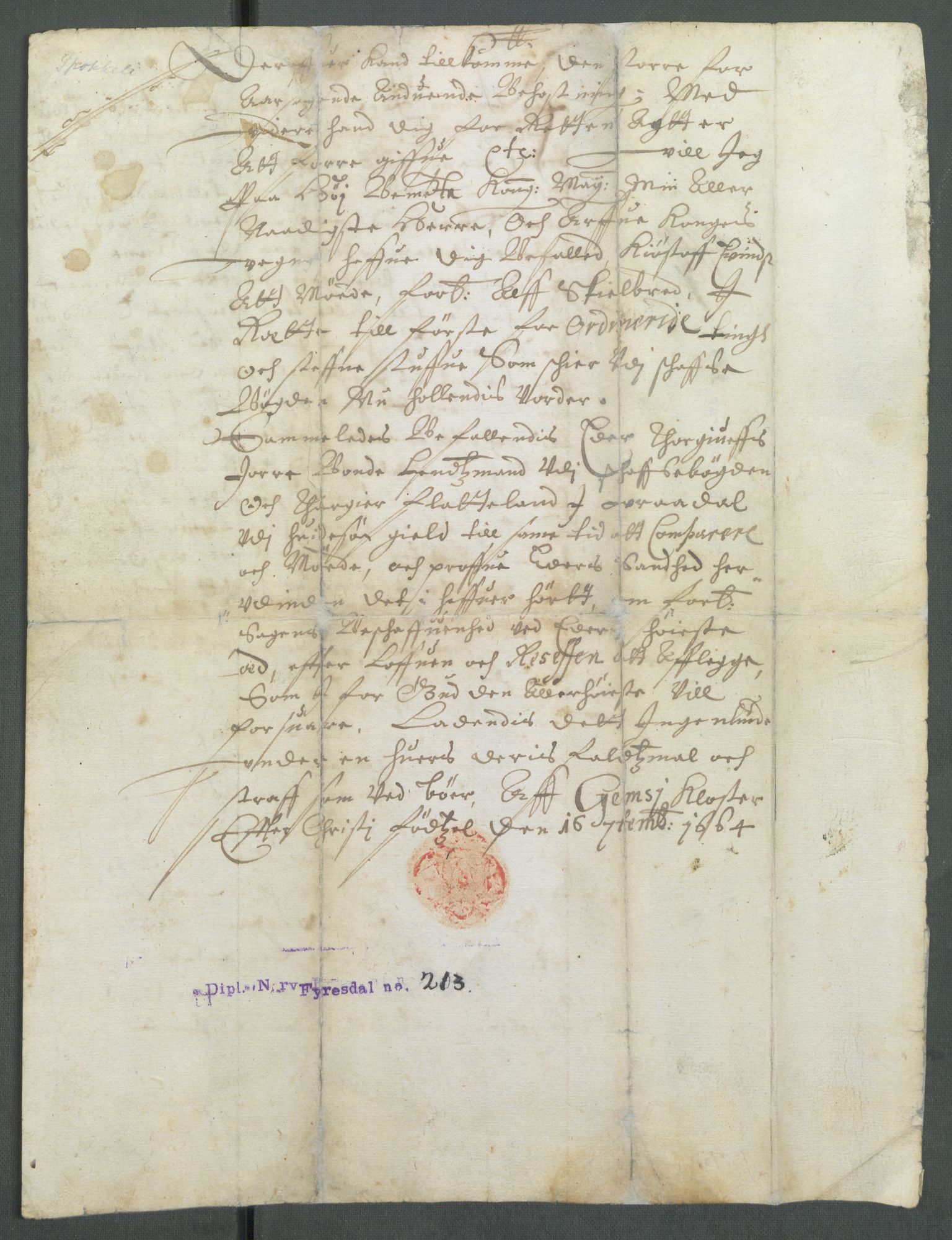 Riksarkivets diplomsamling, AV/RA-EA-5965/F02/L0170: Dokumenter, 1664-1666, p. 70