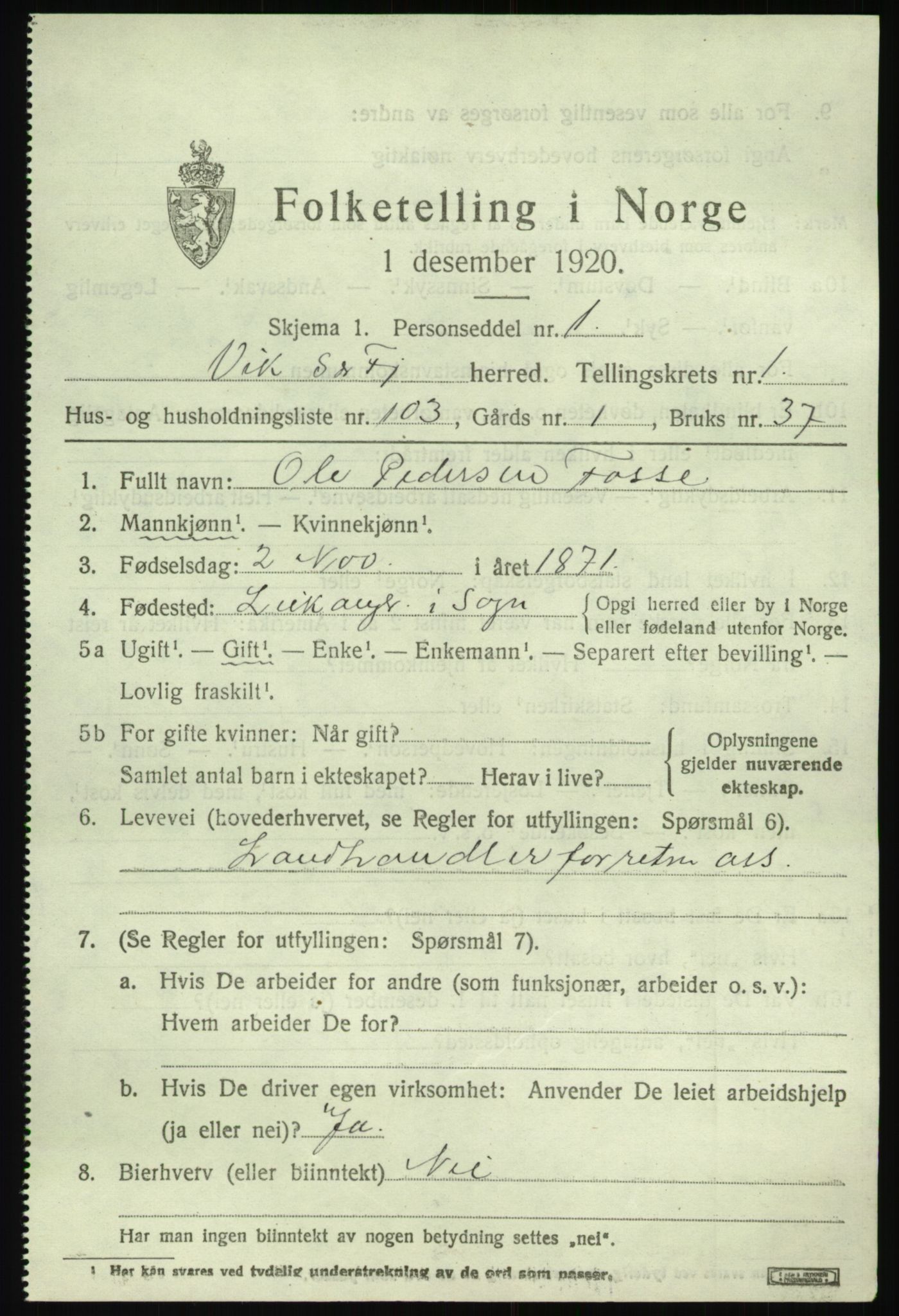 SAB, 1920 census for Vik, 1920, p. 2089