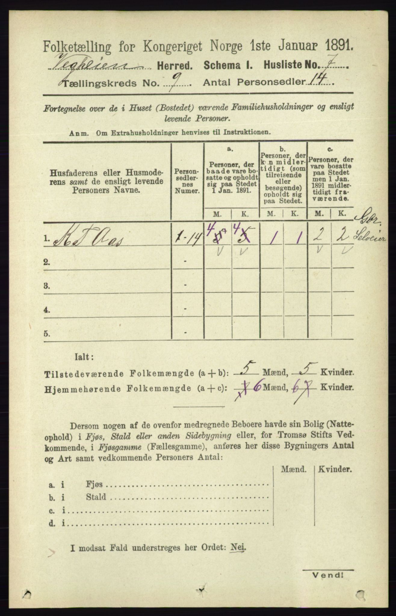 RA, 1891 census for 0912 Vegårshei, 1891, p. 1718