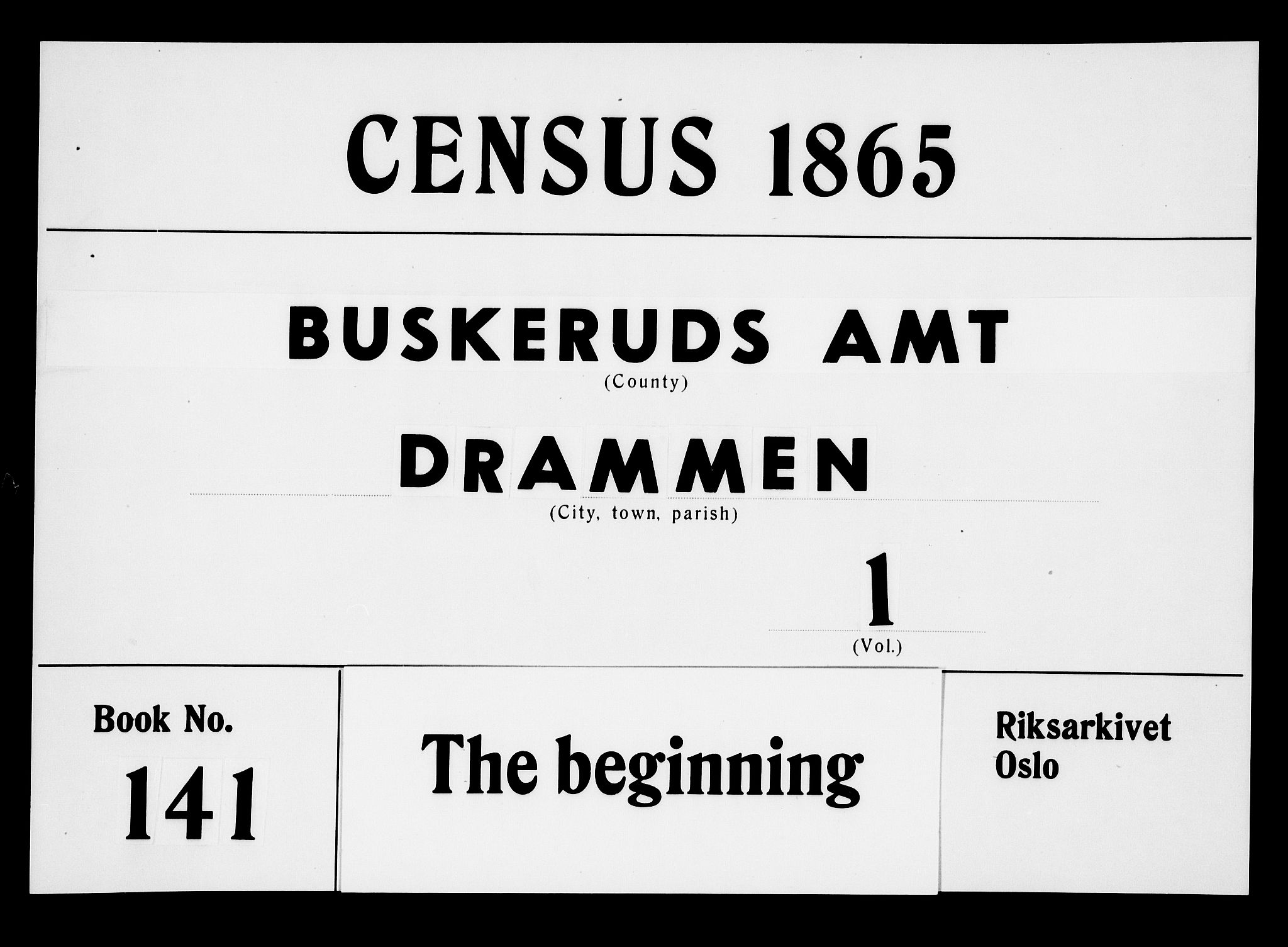 RA, 1865 census for Bragernes in Drammen, 1865, p. 1