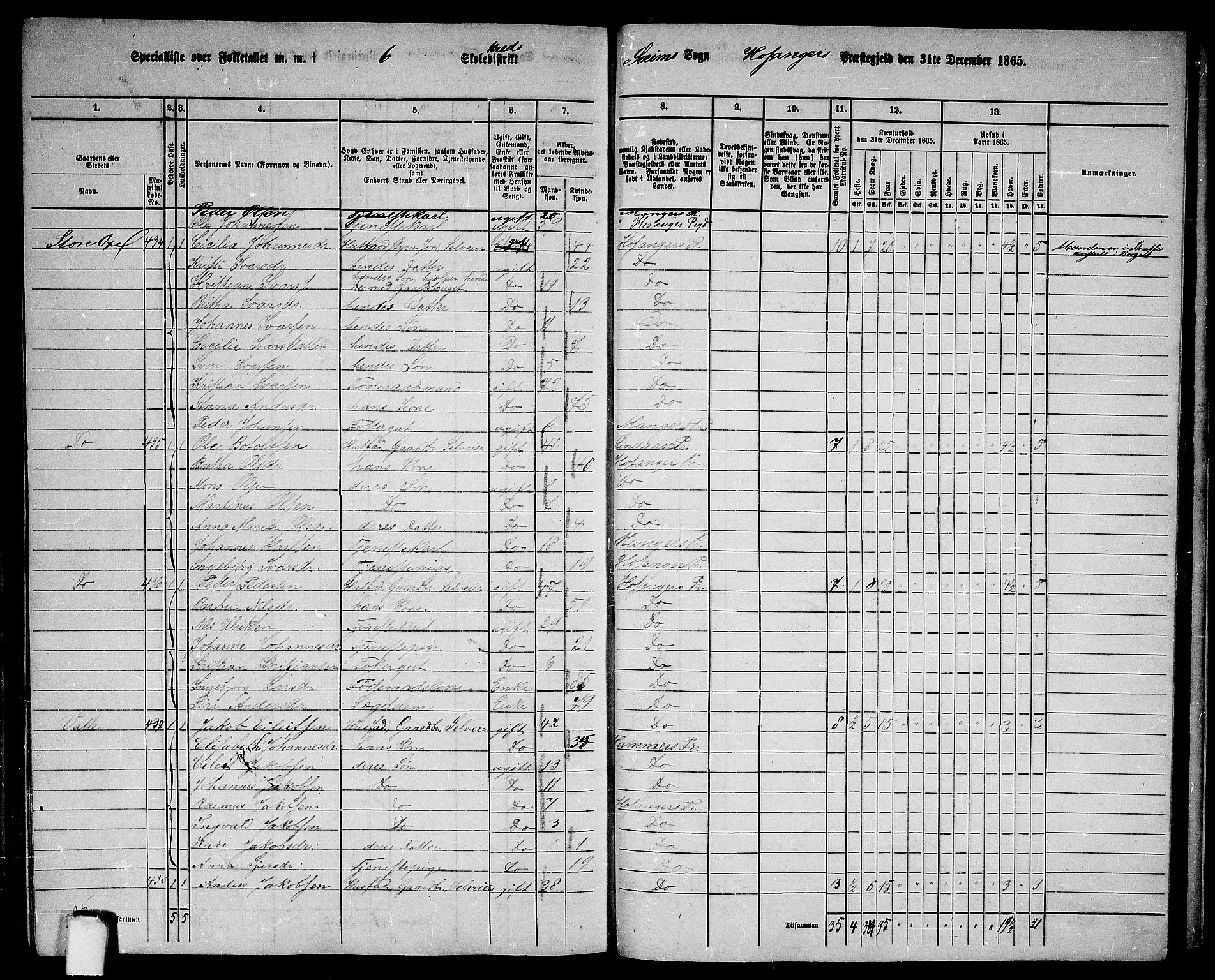 RA, 1865 census for Hosanger, 1865, p. 174