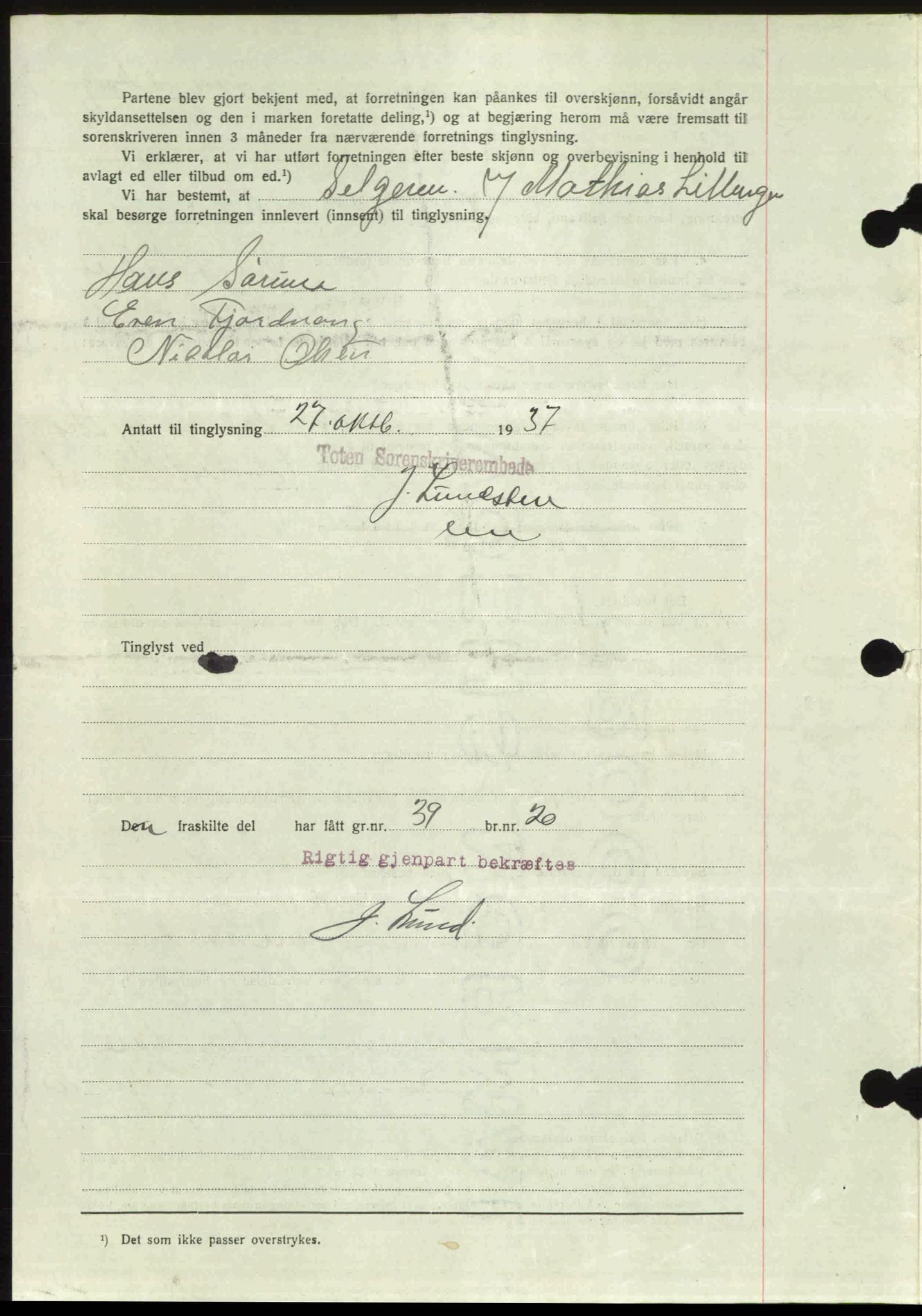 Toten tingrett, SAH/TING-006/H/Hb/Hbc/L0003: Mortgage book no. Hbc-03, 1937-1938, Diary no: : 2512/1937