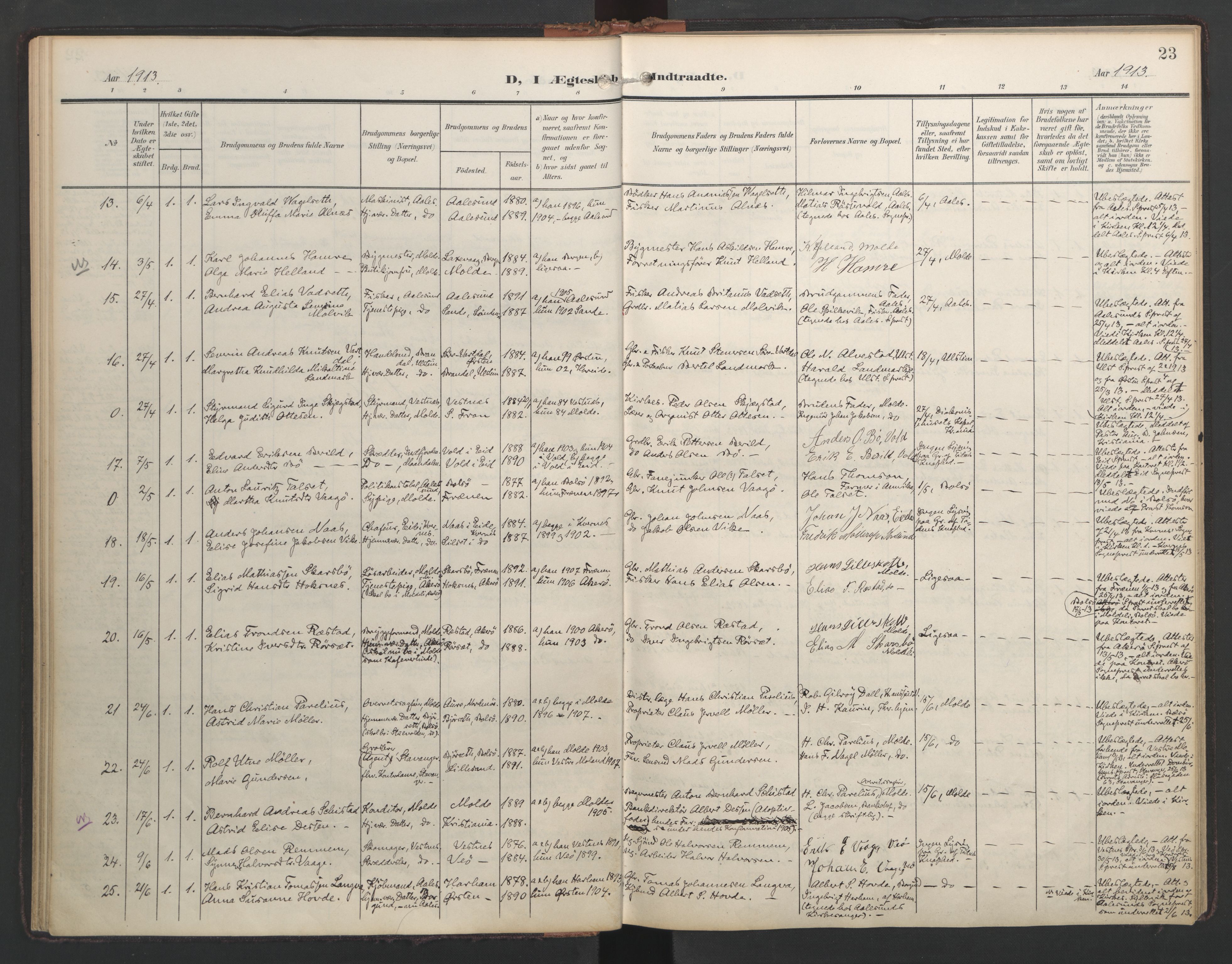 Ministerialprotokoller, klokkerbøker og fødselsregistre - Møre og Romsdal, AV/SAT-A-1454/558/L0694: Parish register (official) no. 558A08, 1907-1922, p. 23