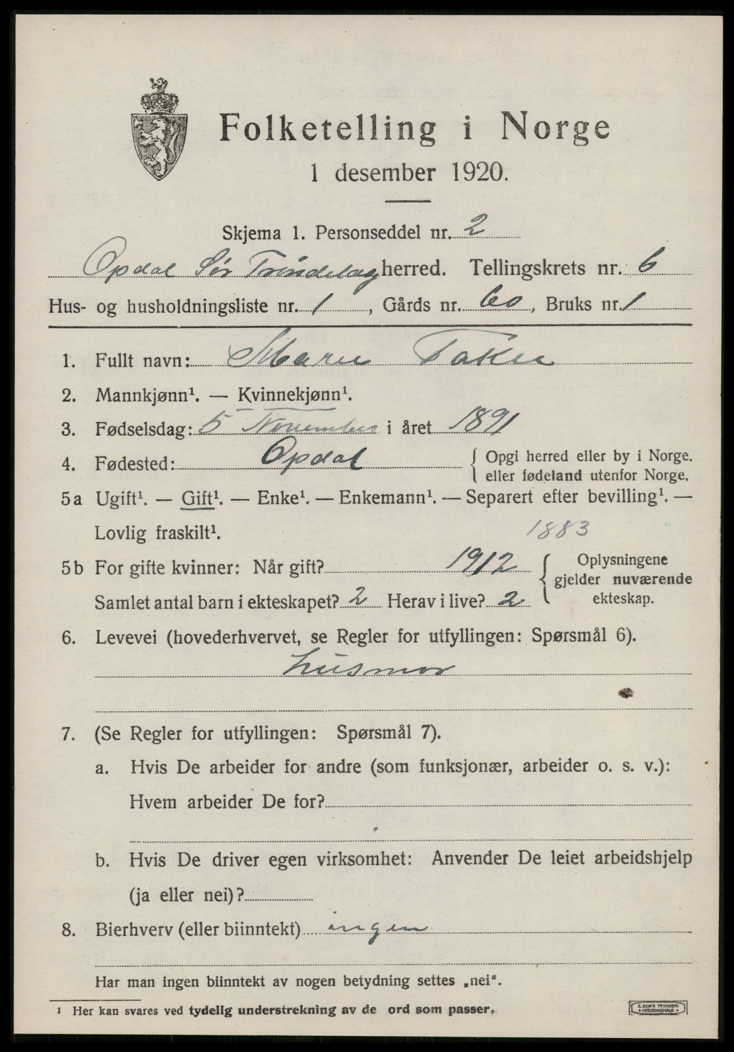 SAT, 1920 census for Oppdal, 1920, p. 5323