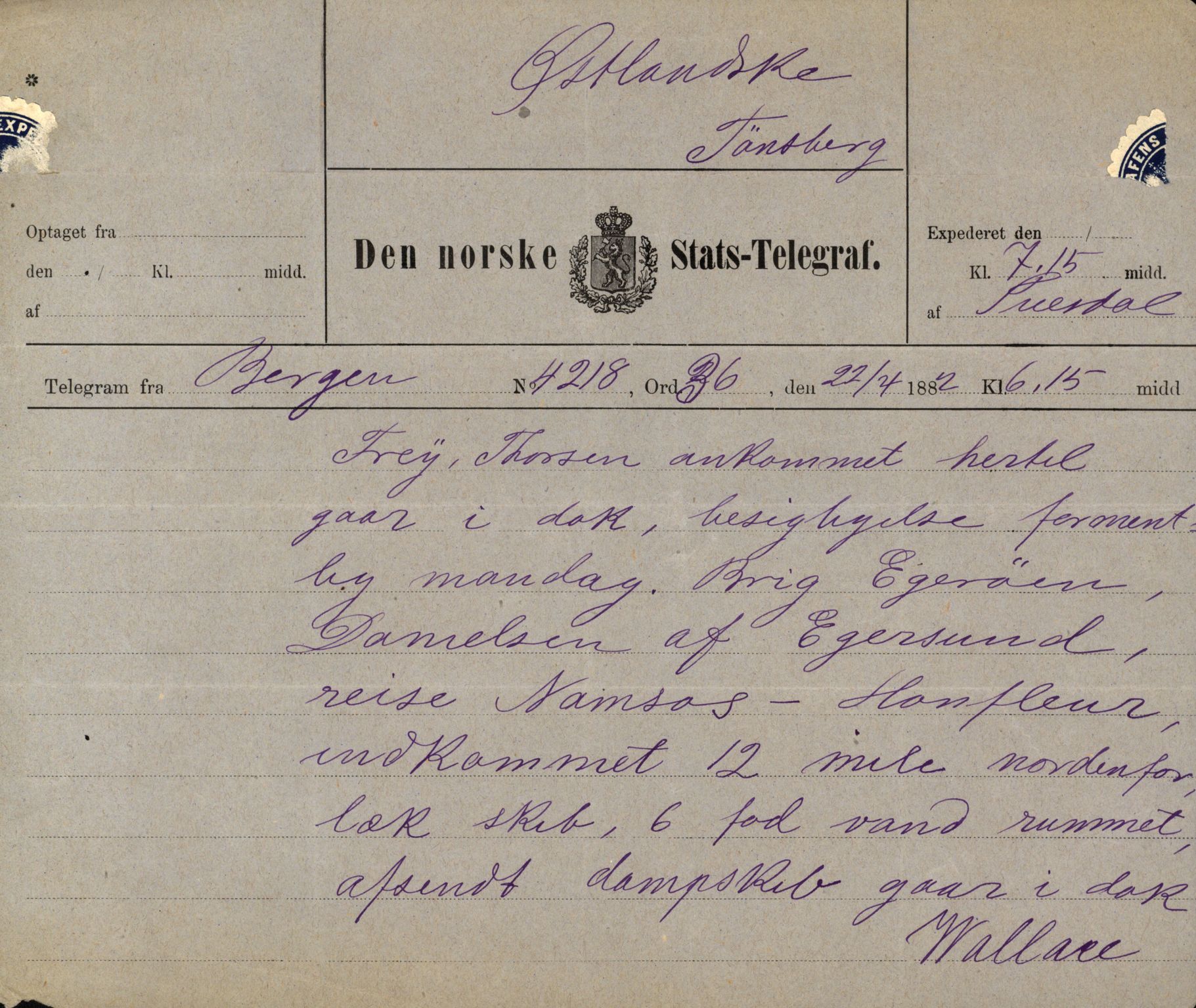 Pa 63 - Østlandske skibsassuranceforening, VEMU/A-1079/G/Ga/L0015/0003: Havaridokumenter / Egerøen, 1882