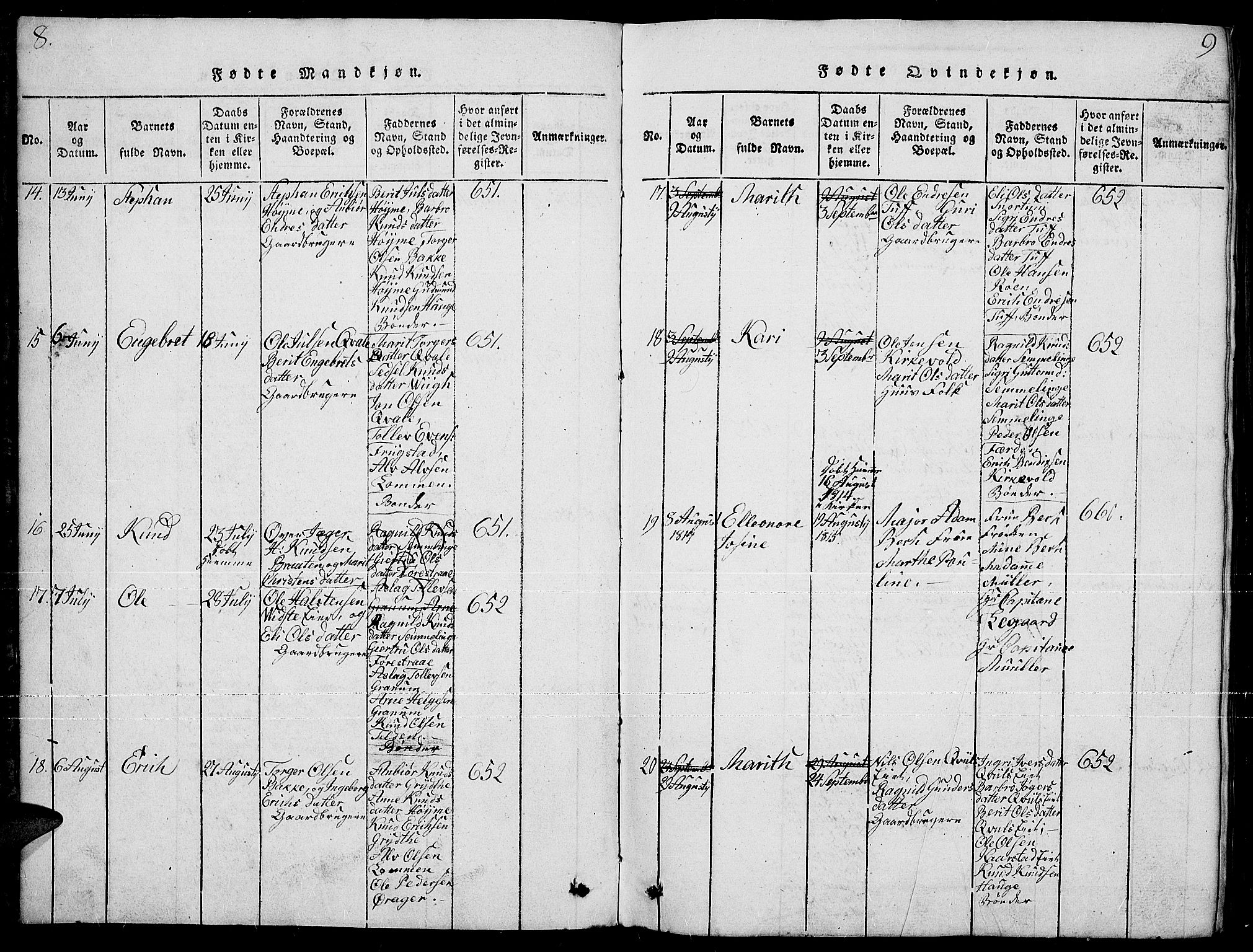 Slidre prestekontor, AV/SAH-PREST-134/H/Ha/Hab/L0001: Parish register (copy) no. 1, 1814-1838, p. 8-9
