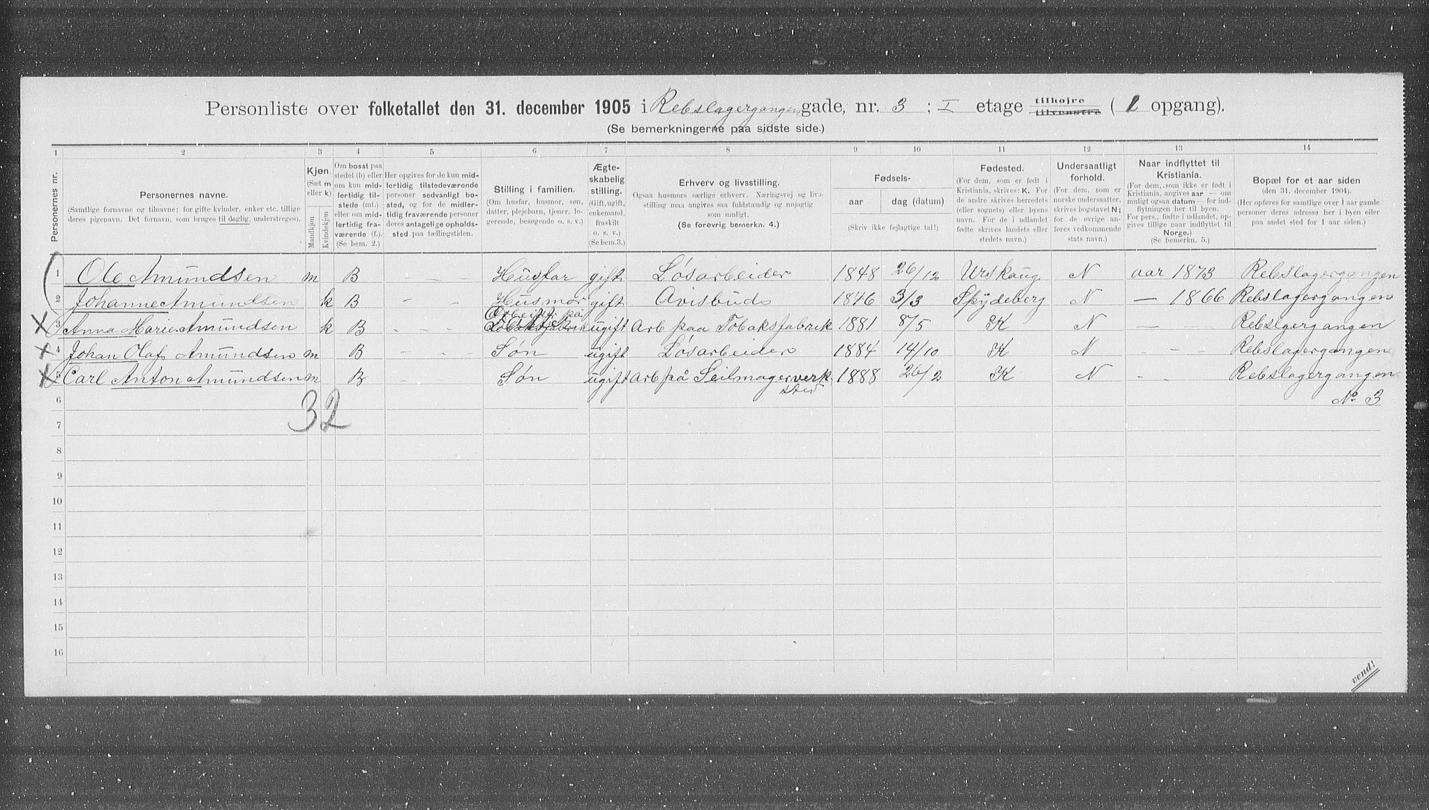 OBA, Municipal Census 1905 for Kristiania, 1905, p. 43326