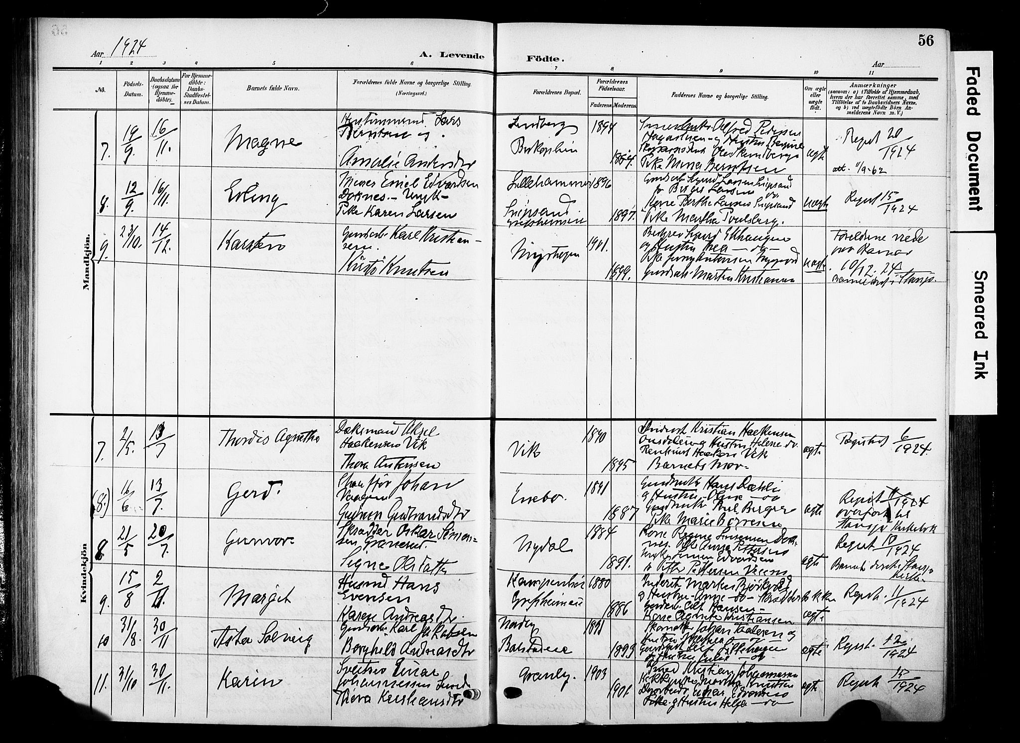 Nes prestekontor, Hedmark, AV/SAH-PREST-020/K/Ka/L0014: Parish register (official) no. 14, 1906-1929, p. 56