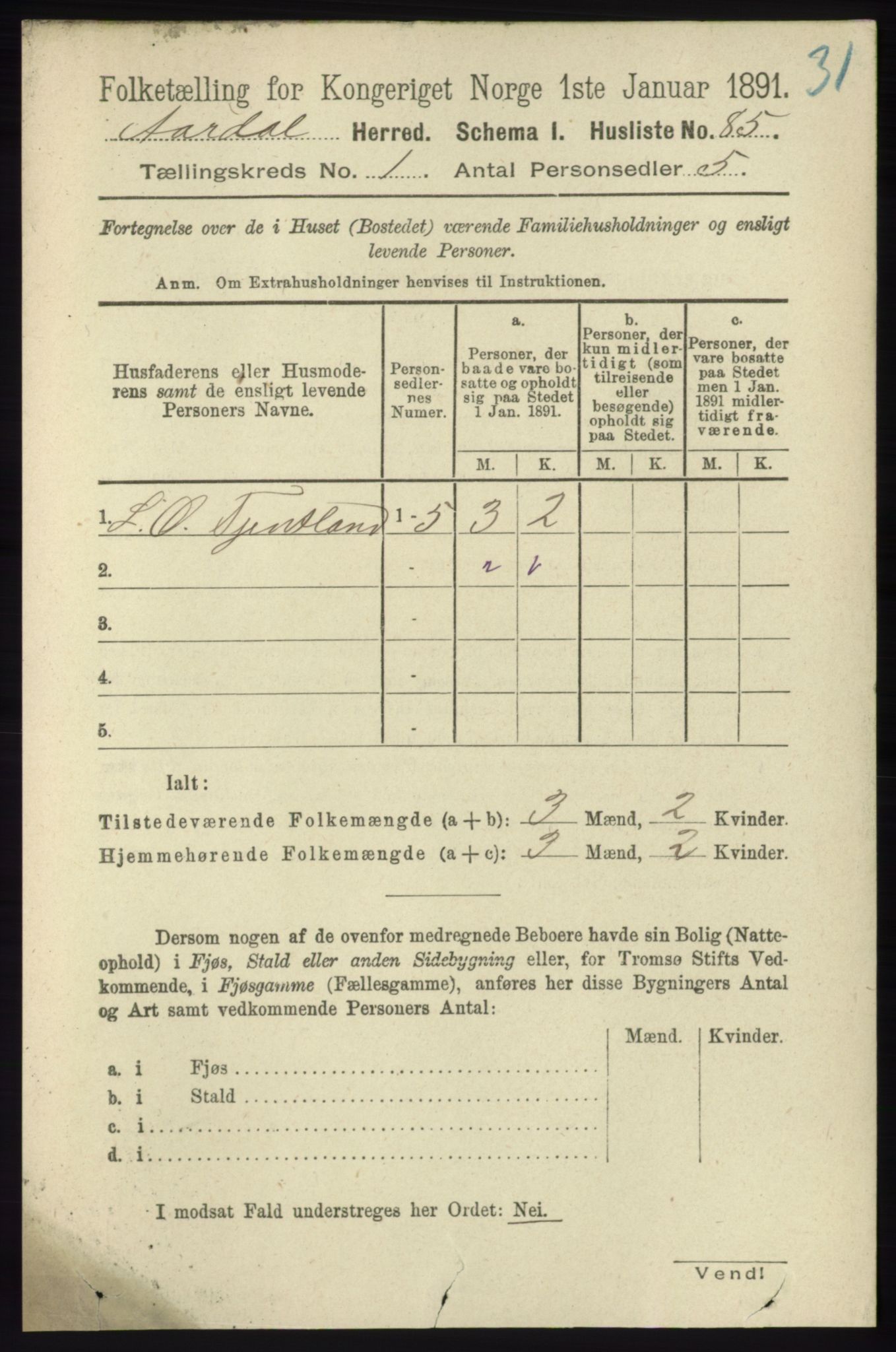 RA, 1891 census for 1131 Årdal, 1891, p. 98