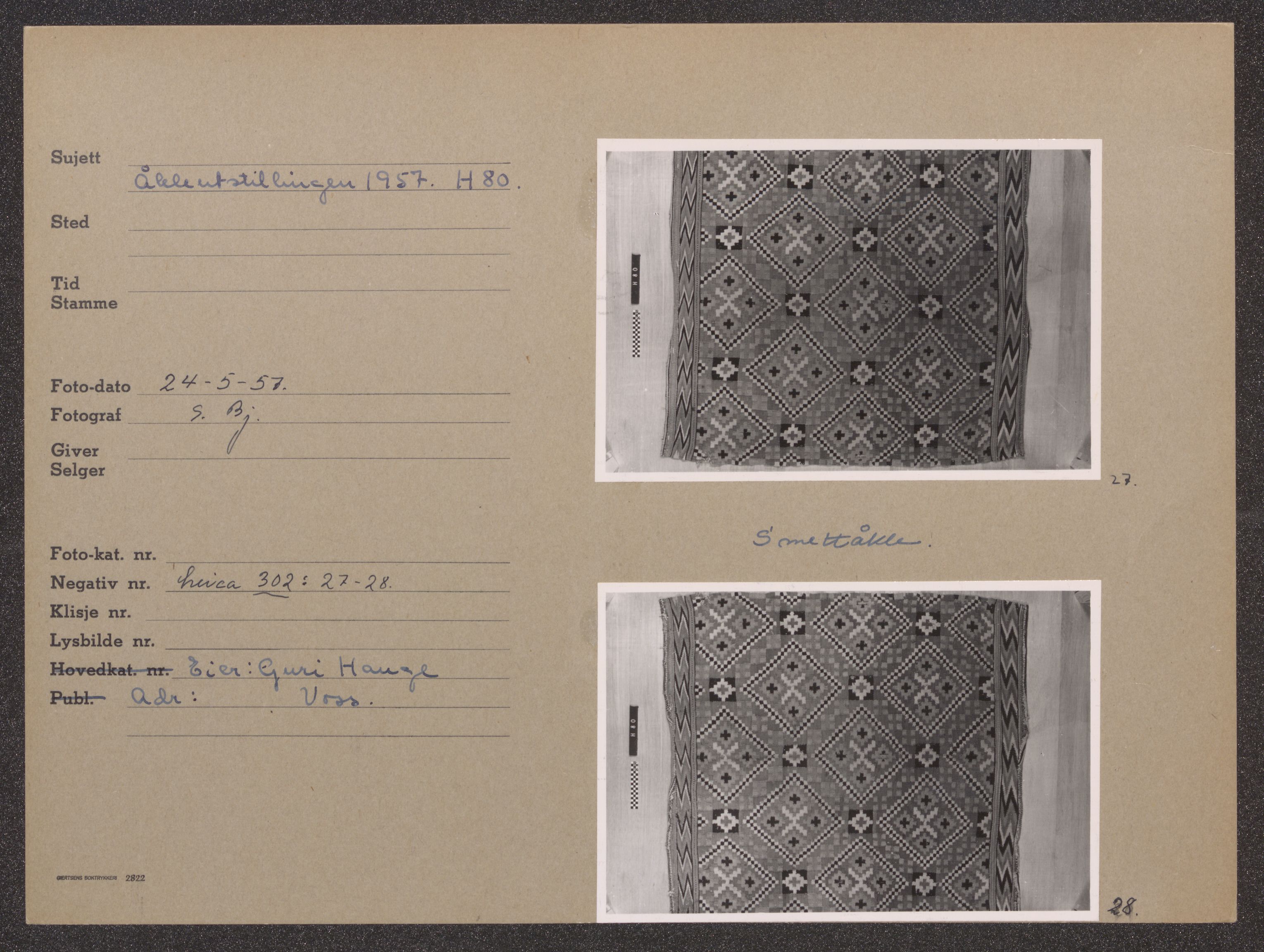 Åkleprosjektet 1957, UMB/A008/F/Fa/L0001/0003: Registreringskort Smettåkle A-H / Smettåkler H, 1957