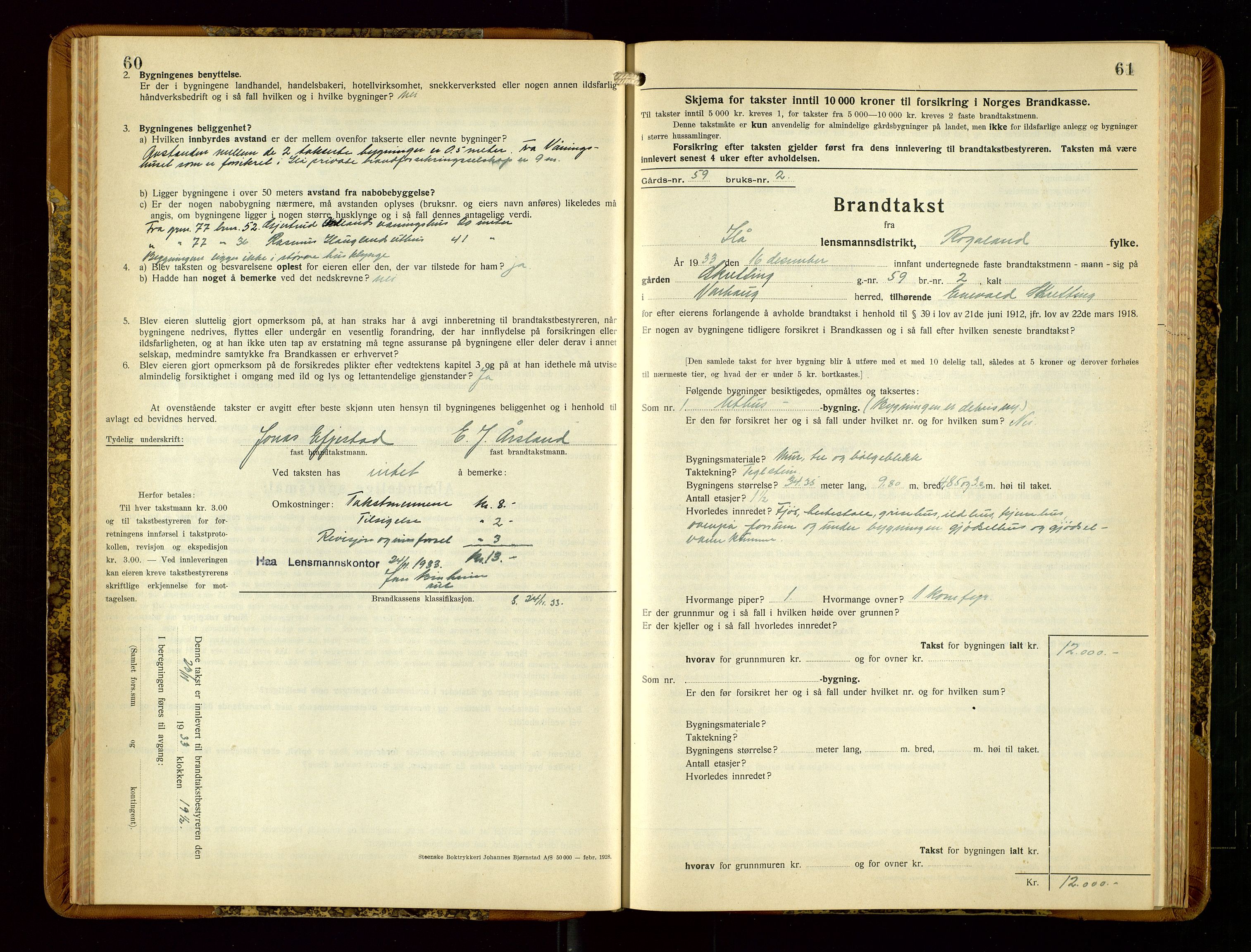 Hå lensmannskontor, AV/SAST-A-100456/Goa/L0006: Takstprotokoll (skjema), 1932-1938, p. 60-61