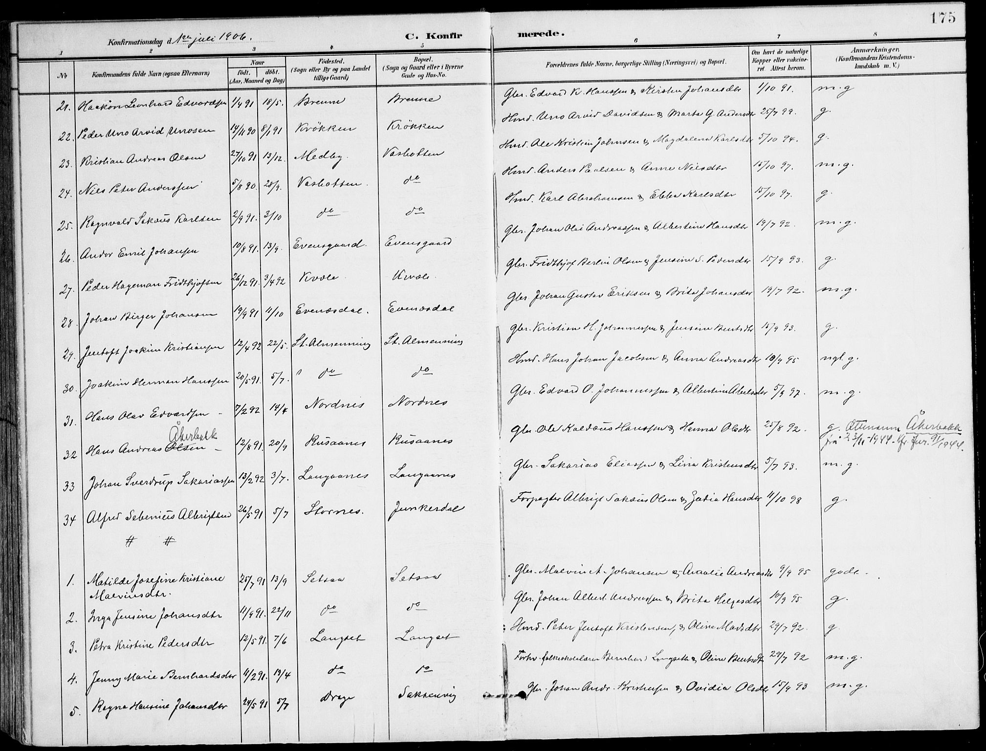 Ministerialprotokoller, klokkerbøker og fødselsregistre - Nordland, AV/SAT-A-1459/847/L0672: Parish register (official) no. 847A12, 1902-1919, p. 175