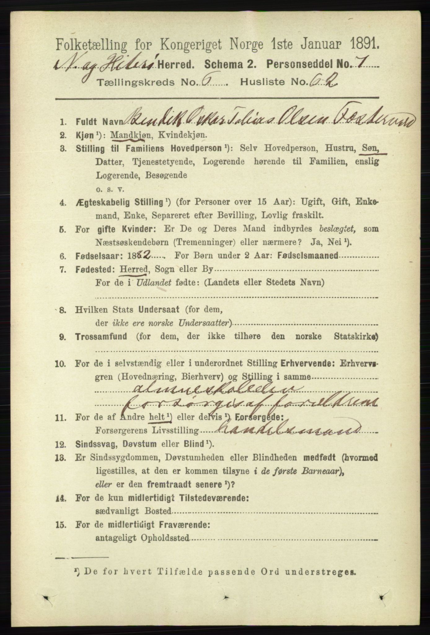 RA, 1891 census for 1043 Hidra og Nes, 1891, p. 2580