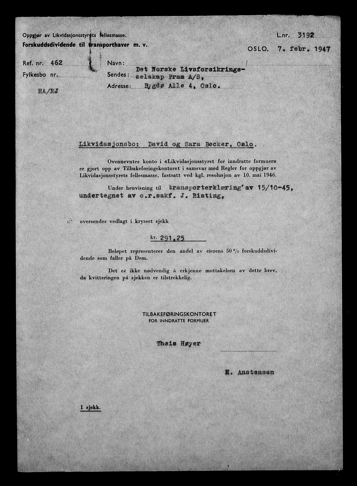 Justisdepartementet, Tilbakeføringskontoret for inndratte formuer, AV/RA-S-1564/H/Hc/Hcc/L0919: --, 1945-1947, p. 12