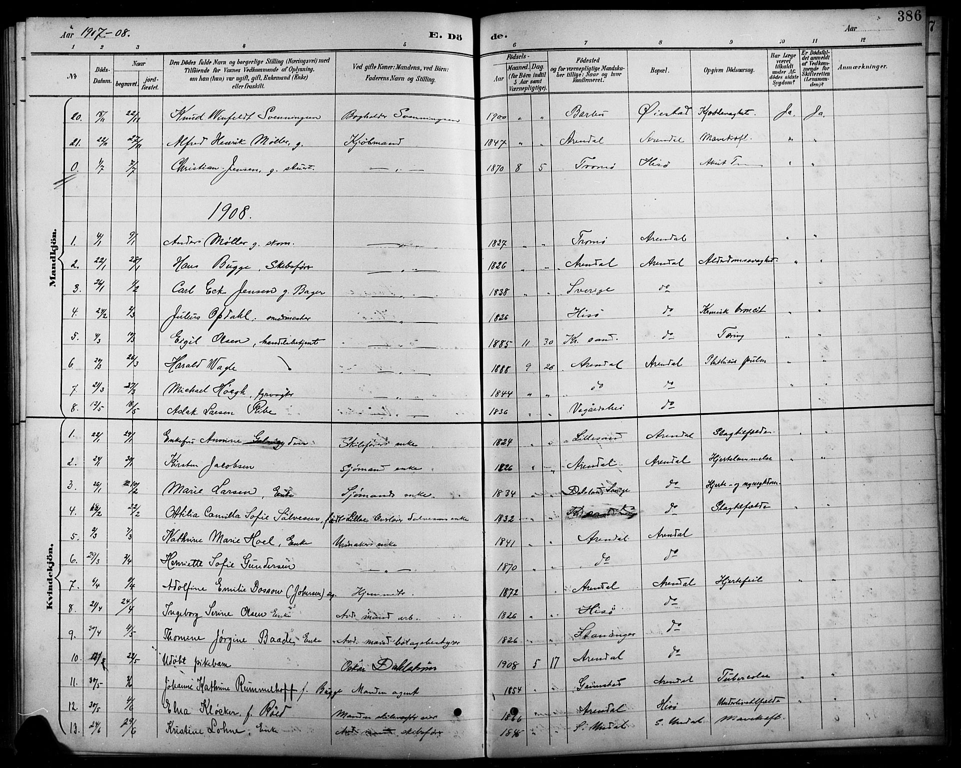 Arendal sokneprestkontor, Trefoldighet, SAK/1111-0040/F/Fb/L0006: Parish register (copy) no. B 6, 1889-1916, p. 386